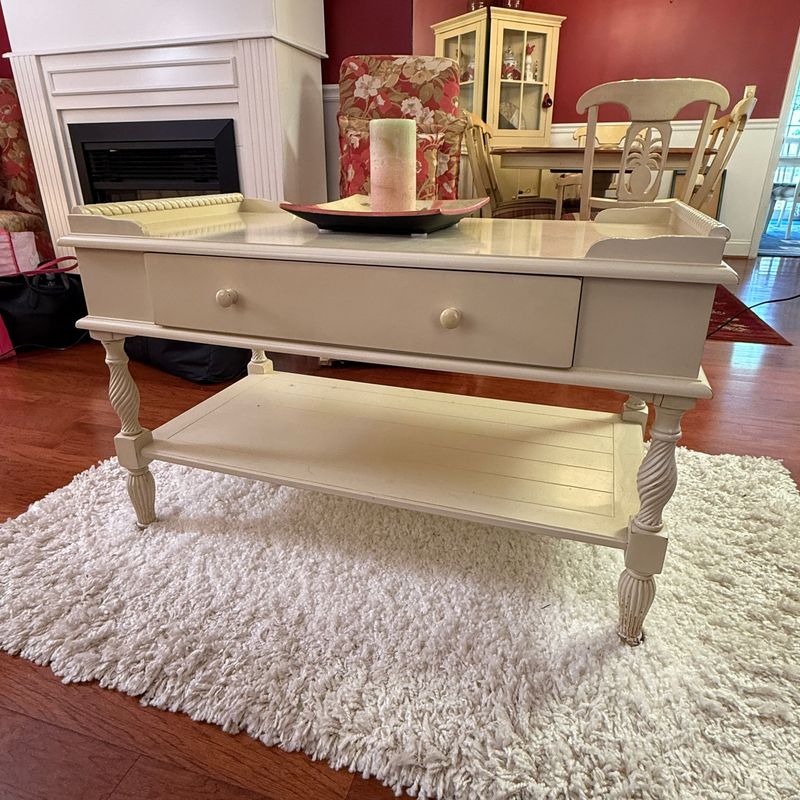 Off-white coffee table with drawer and lower shelf, nice condition, rustic finish,  23"H x 36"W x 19"D