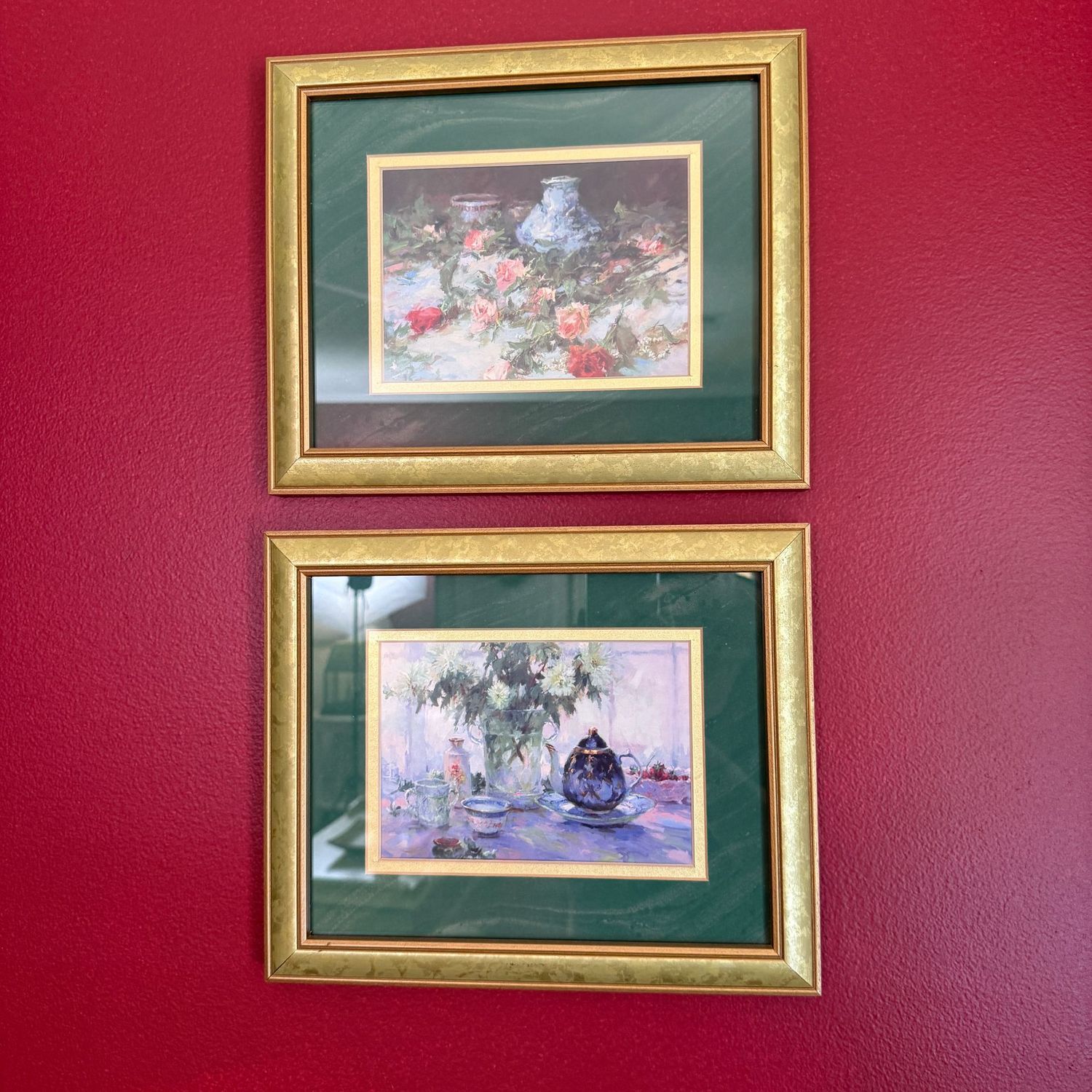 Pair of still-life floral prints with green matting and gold frames 11" x 10"