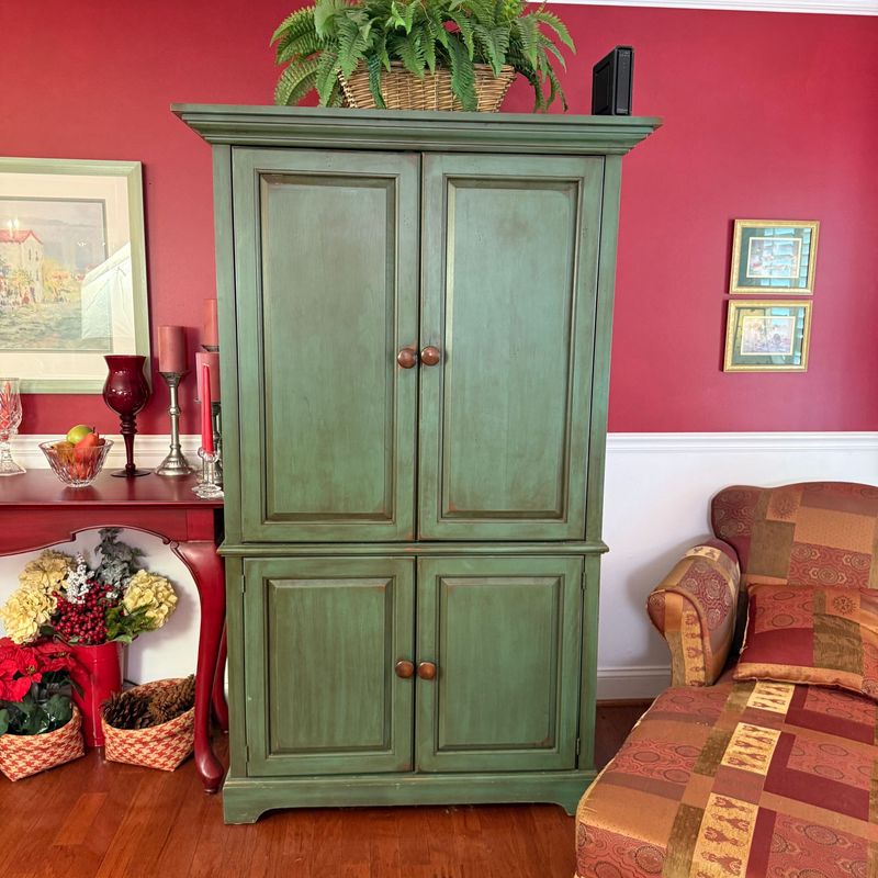 Tall wardrobe with weathered green glaze, one-piece with adjustable lower shelf, 4 doors, top doors recess 6'H 40"W x 19"D