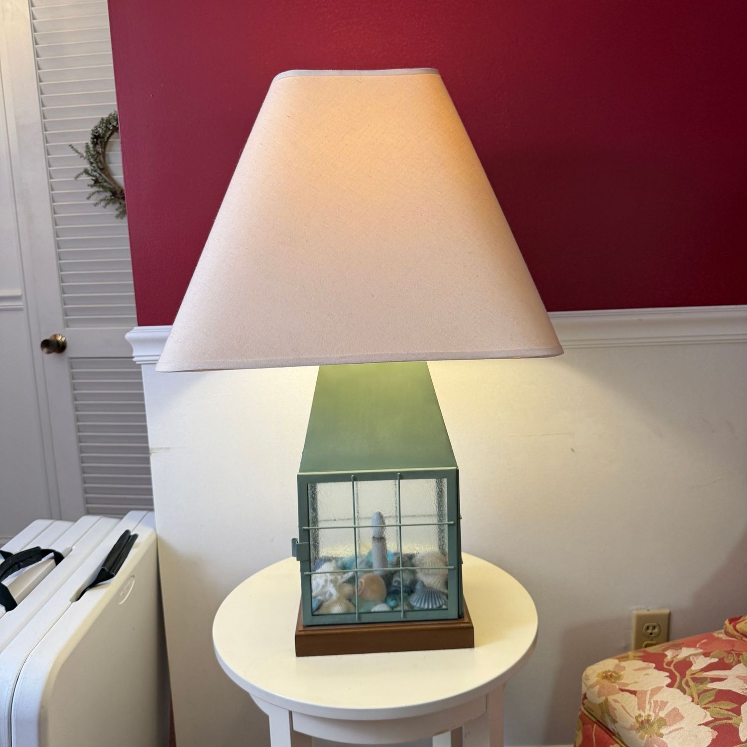 Large coastal-style lantern lamp with a candle nightlight in the body and square shade (needs mild dusting) 29"H x 18"W