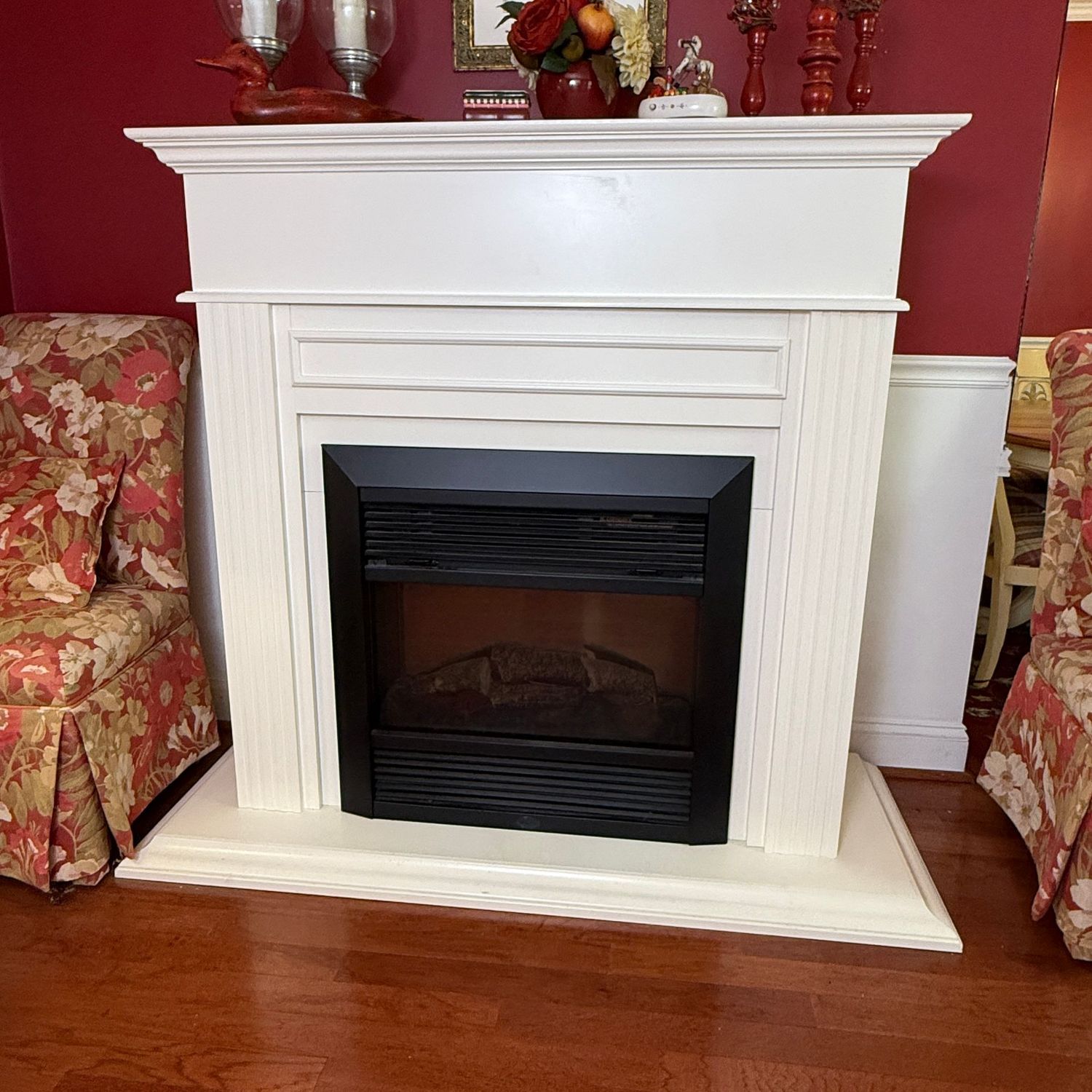 Dimplex electric fireplace with large white fireplace mantle surround 56"H x 64"W x 26"D (see video)