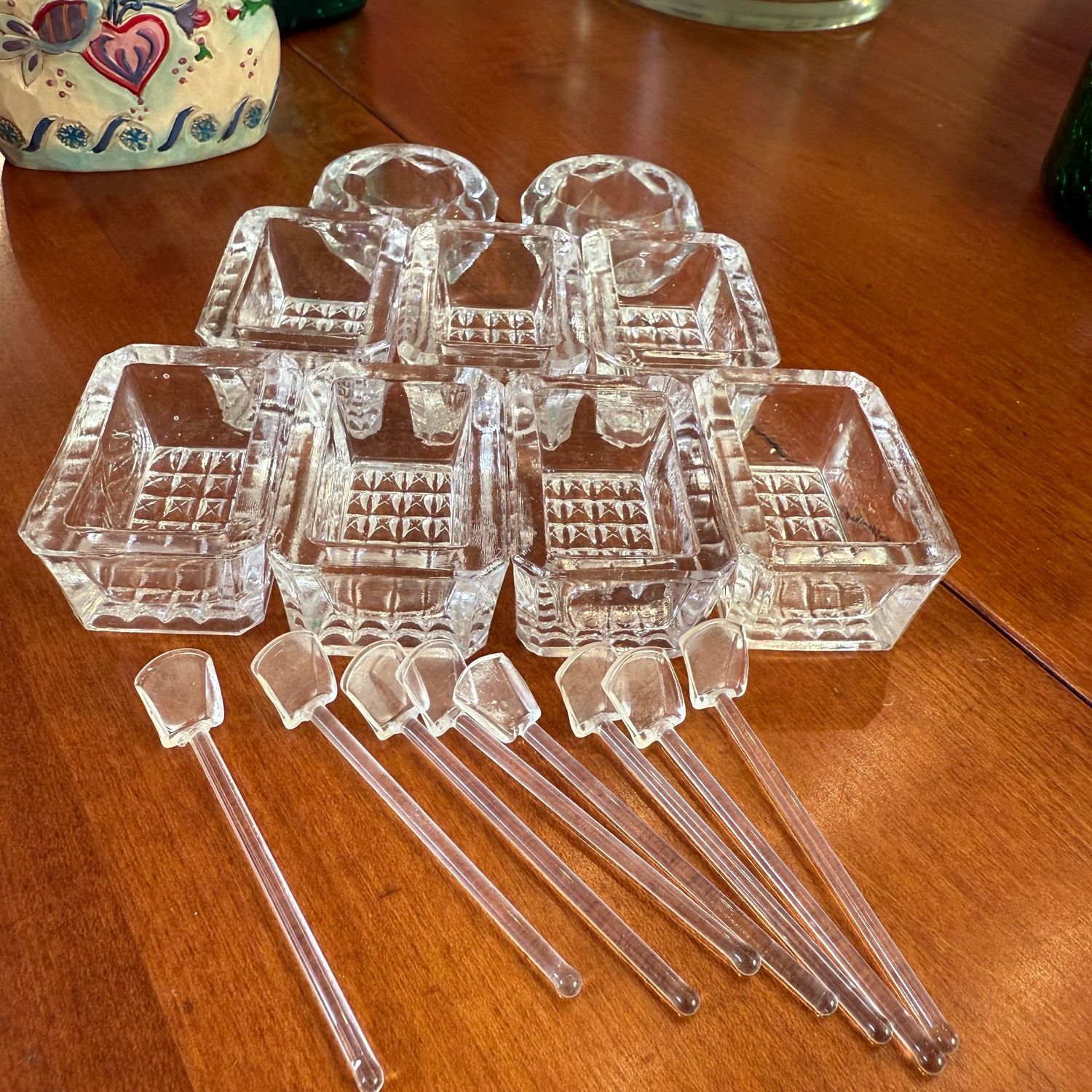 Group of glass salts (round has a few lip chips) glass spoons