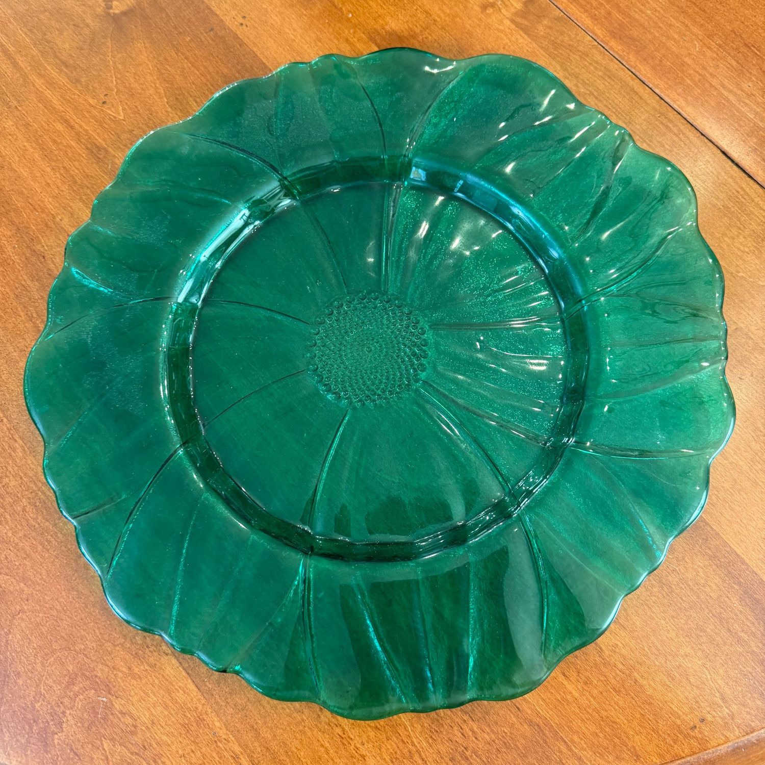 Green glass charger plate, flower design 14"