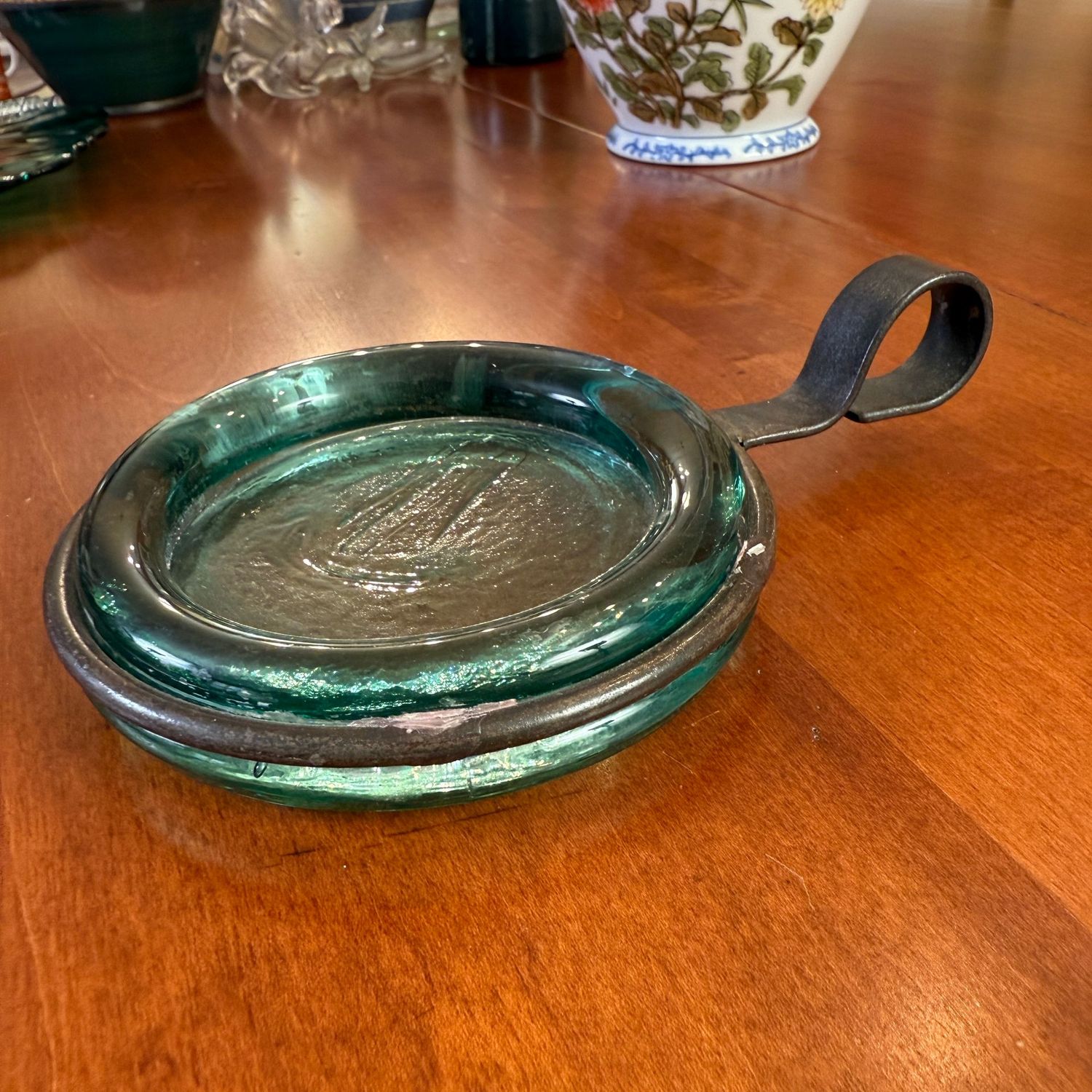 Green glass pillar candle stand with iron holder 7"L (will fit 2-2.5" candle)