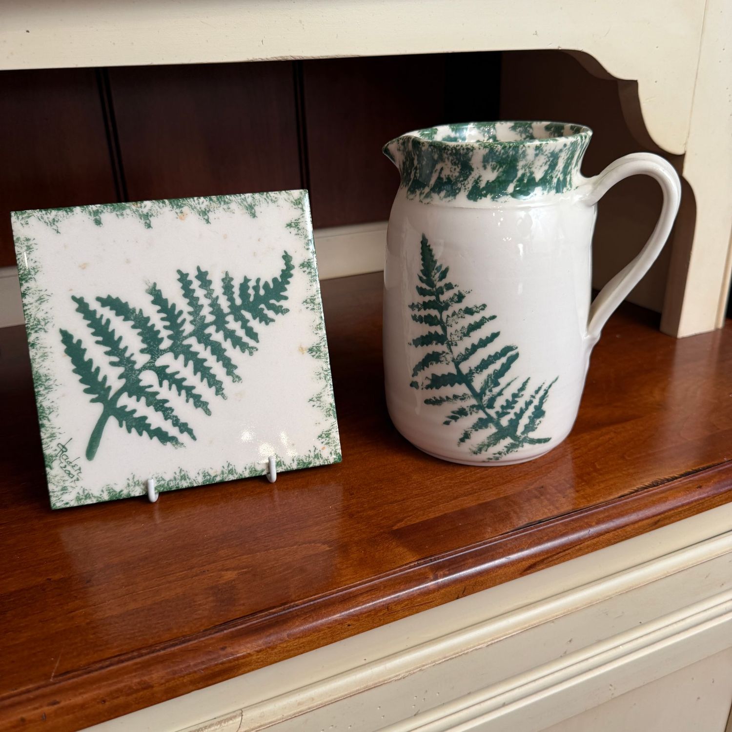 Fern leaf pottery pitcher 6.5"H and trivet by Delores Rader