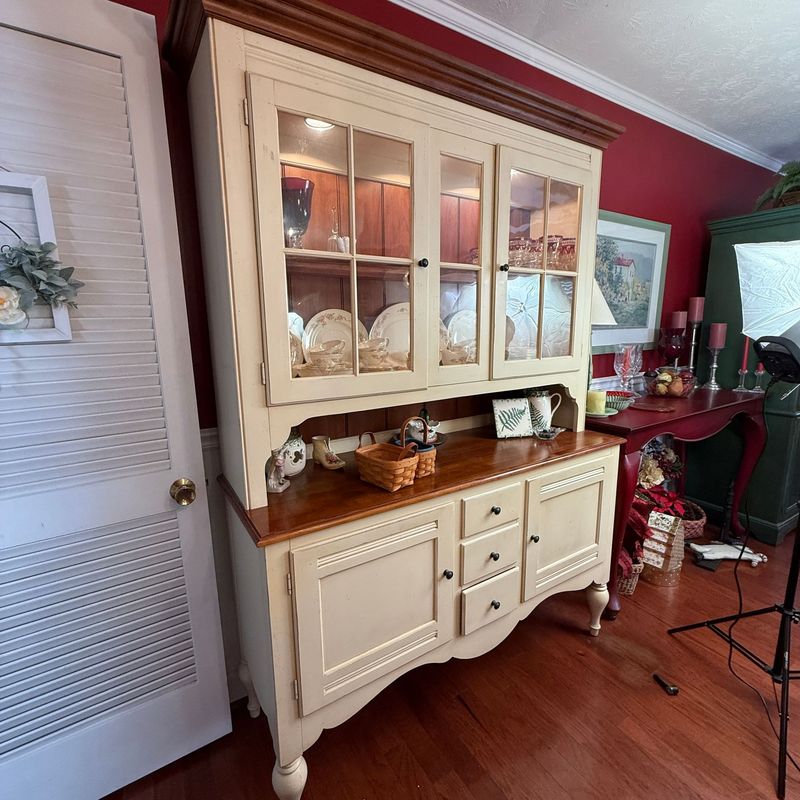 Ethan Allen Country Crossings lighted china cabinet, 2 pieces, upper cabinet is lighted, glass shelf inserts, distressed cream, adjustable shelving 6'5 Ethan Allen Country Crossings lighted china cabinet, 2 pieces, upper cabinet is lighted, glass shelf inserts, distressed cream, adjustable shelving 6'5"H x 56"W x 19"D