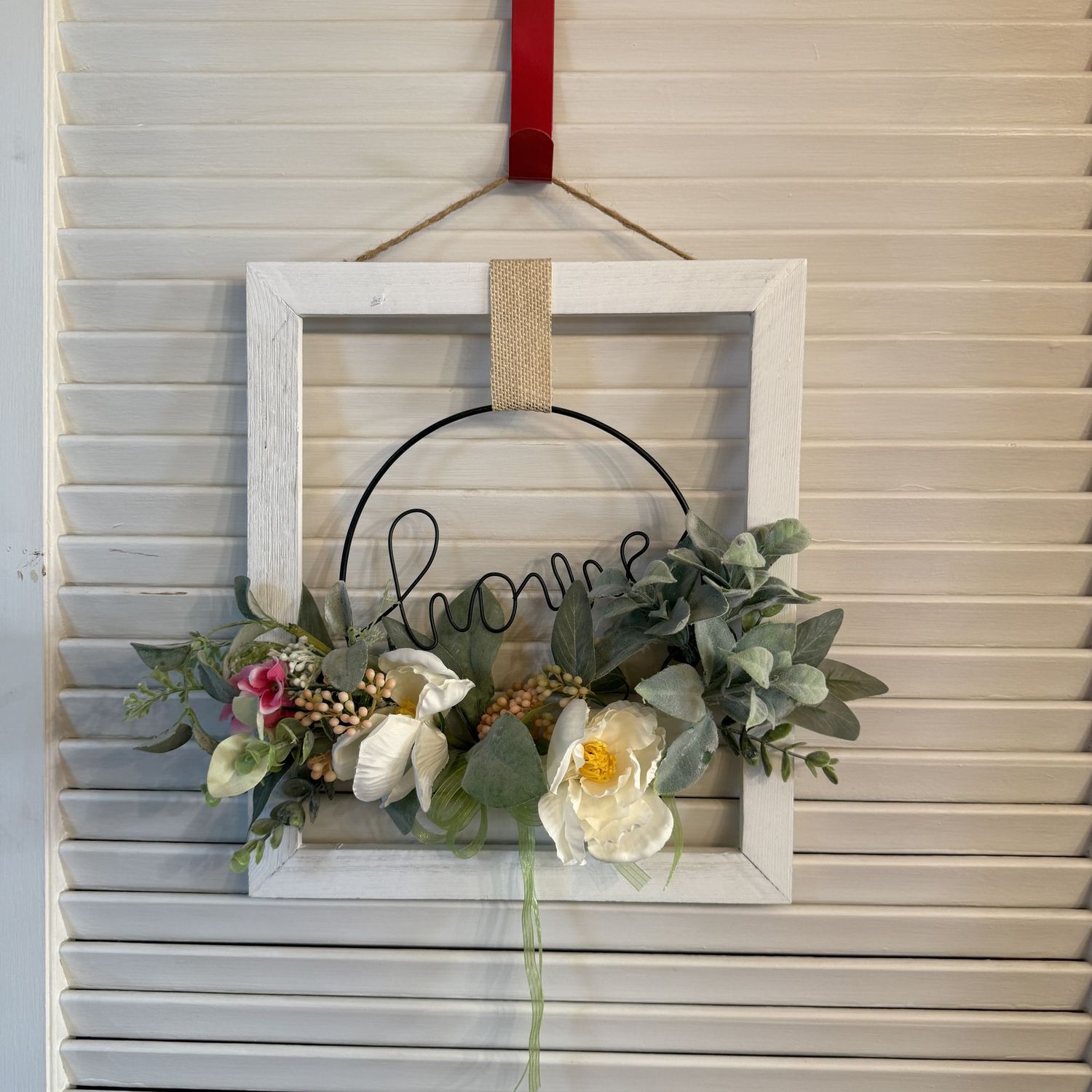 Home wall decoration with wood frame, door hanger and flowers 12"W