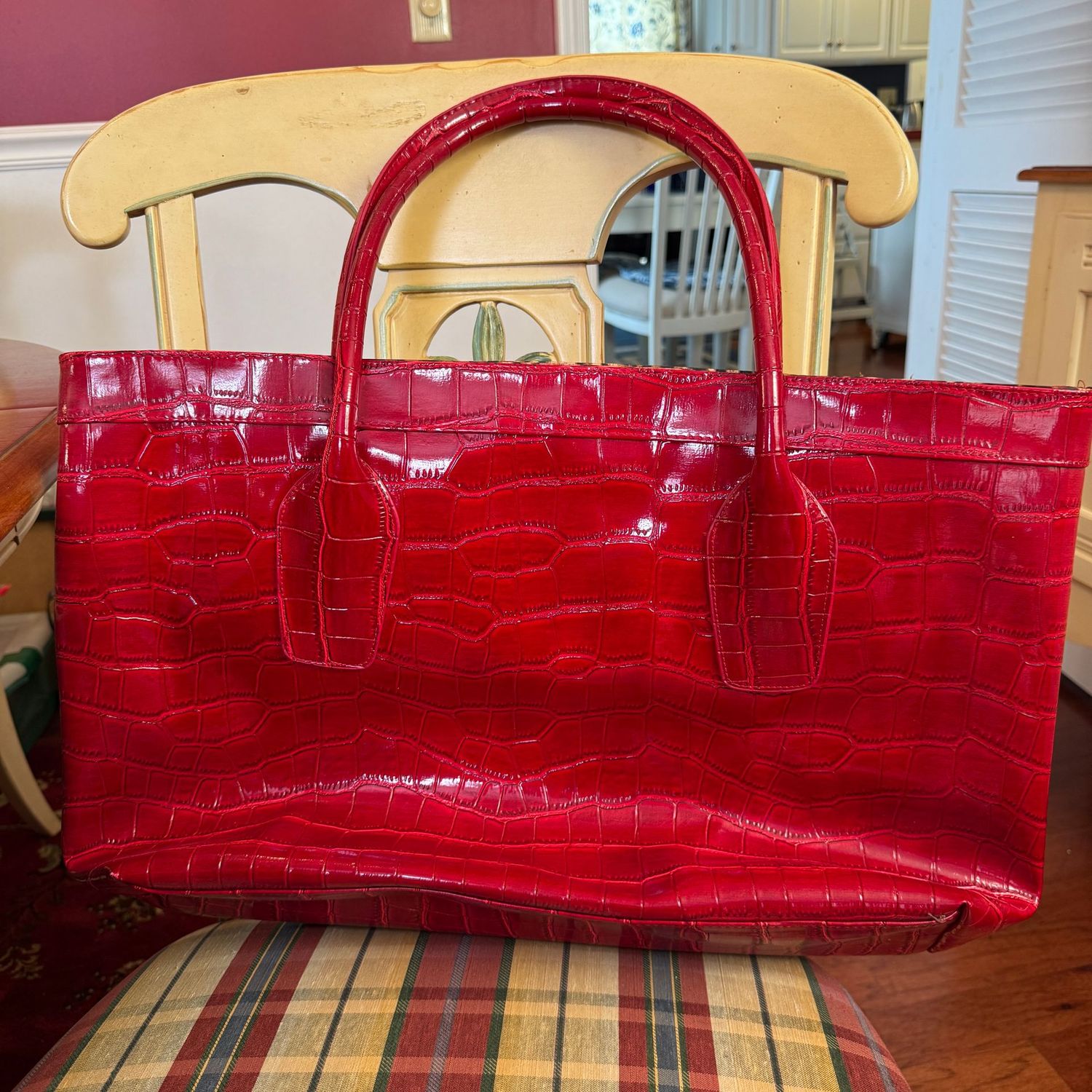 Large (Elizabeth Arden?) glossy red vinyl tote 21" x 14"