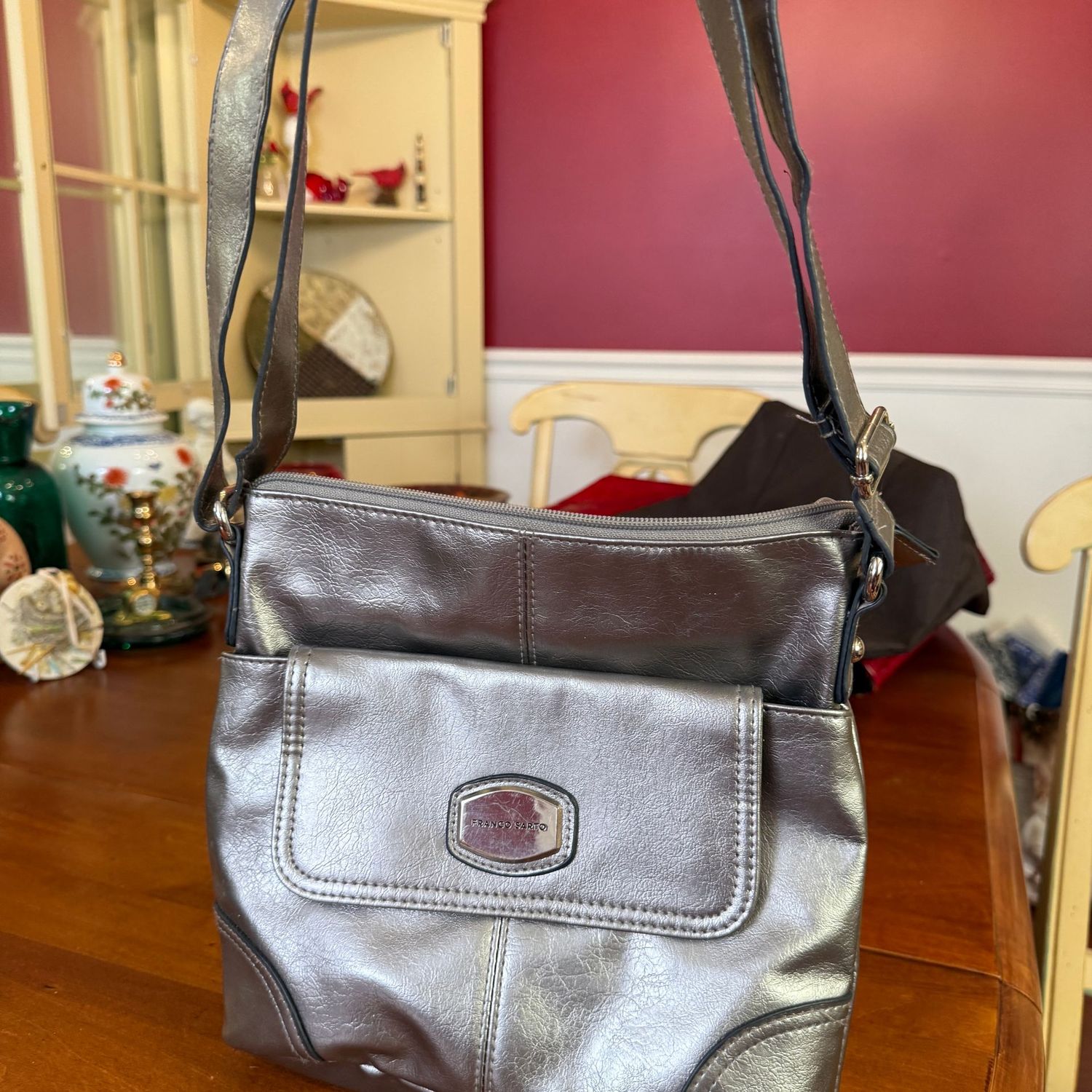 Franco Sarto silver purse, mild wear 9" x 10" with adjustable strap