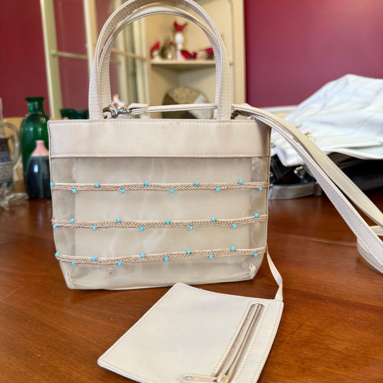 Lined mesh Nine West small purse with wallet, handles, and strap, 8"W