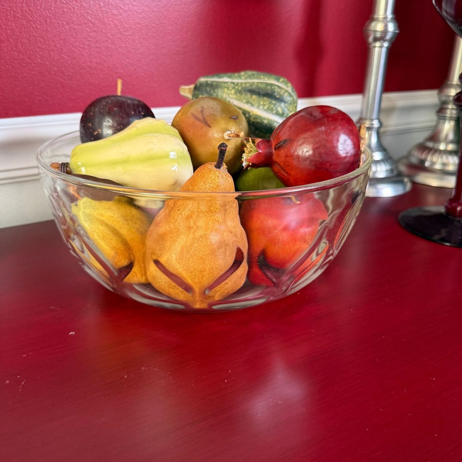 Glass bowl with resin,  plastic, and ceramic fruit 9"W