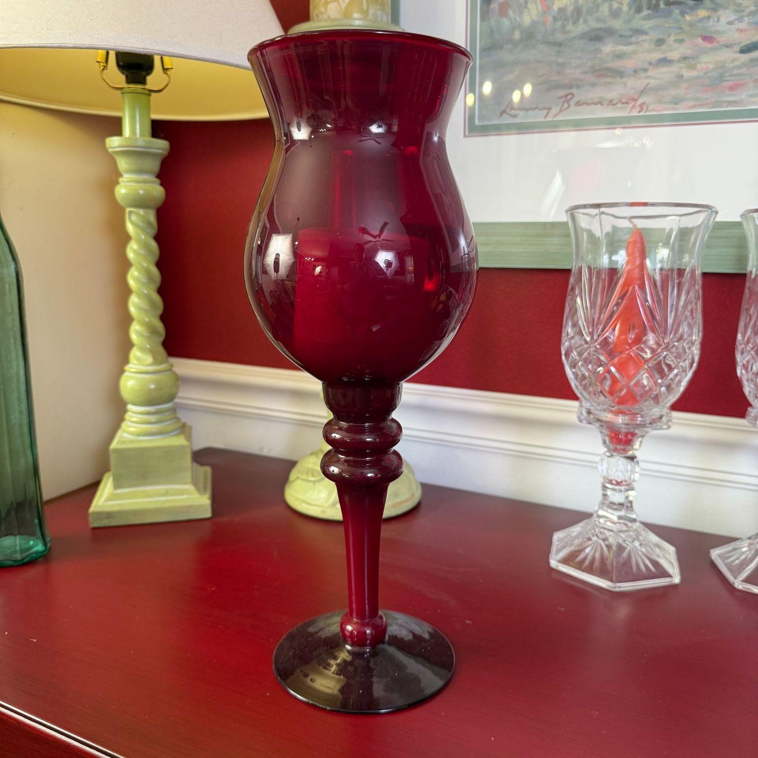 Ruby glass (Empoli?) tall candle holder/vase 14"