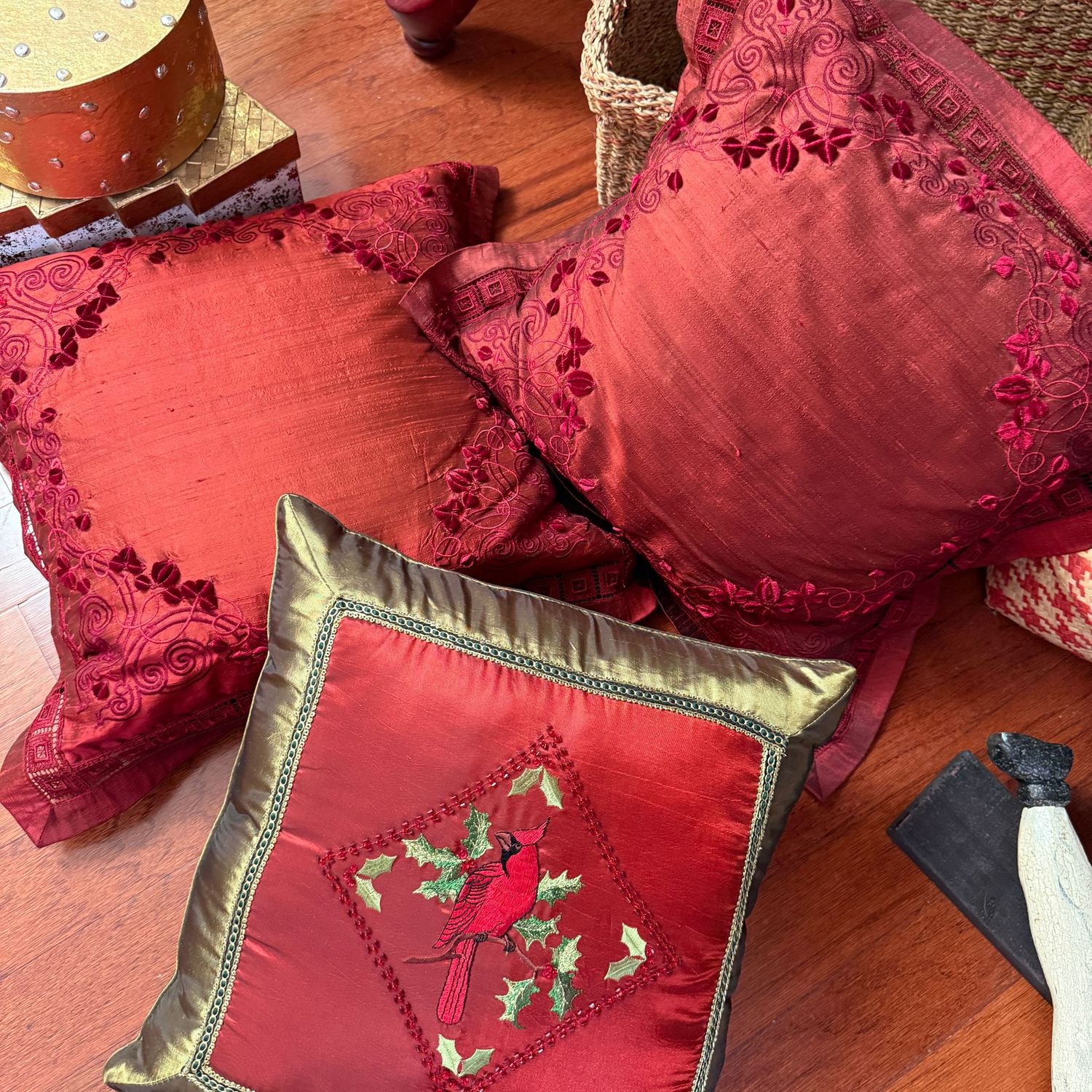 Trio of dark red satin throw pillows 12-13"
