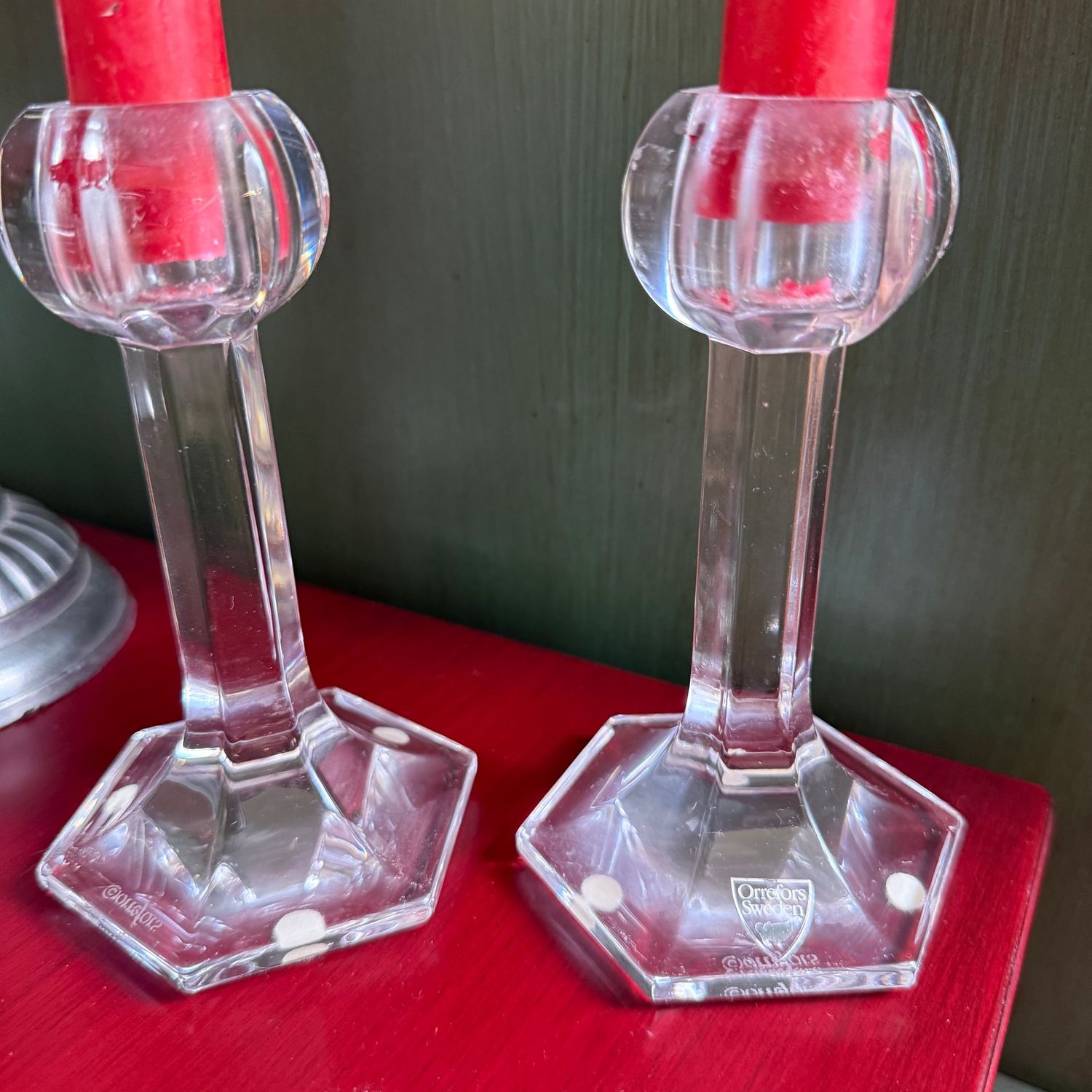 Pair of Orrefors, Sweeden, crystal candlesticks 5"H