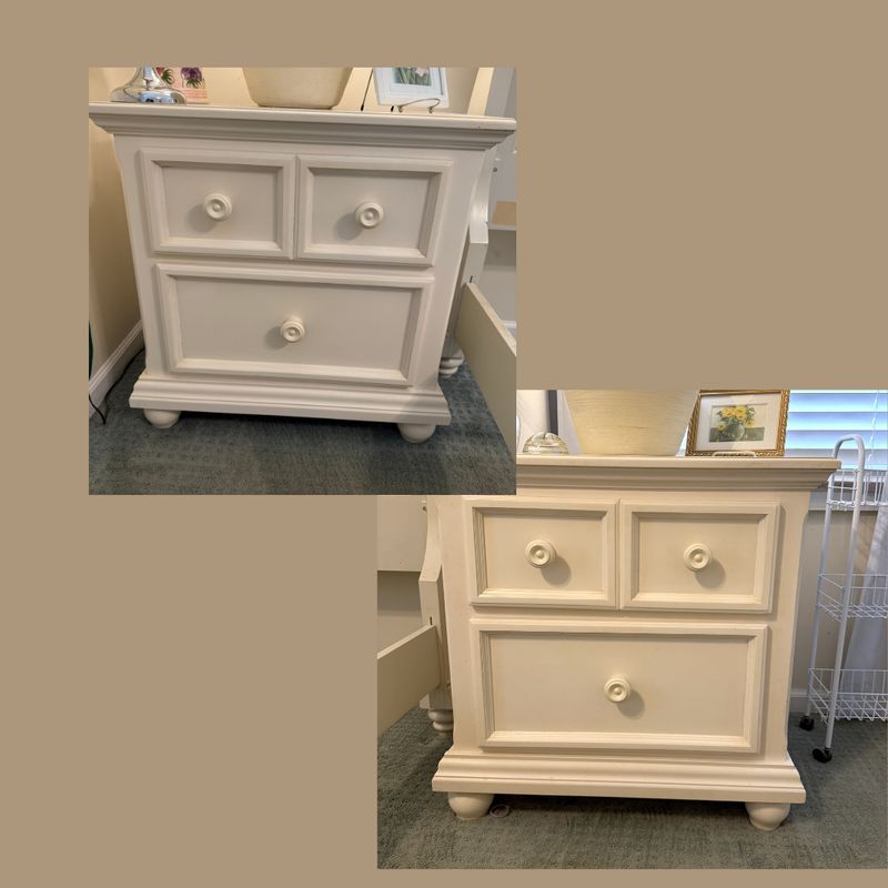 Soft white side tables with 2 drawers, mild wear 27"H x 28"W x 16"D