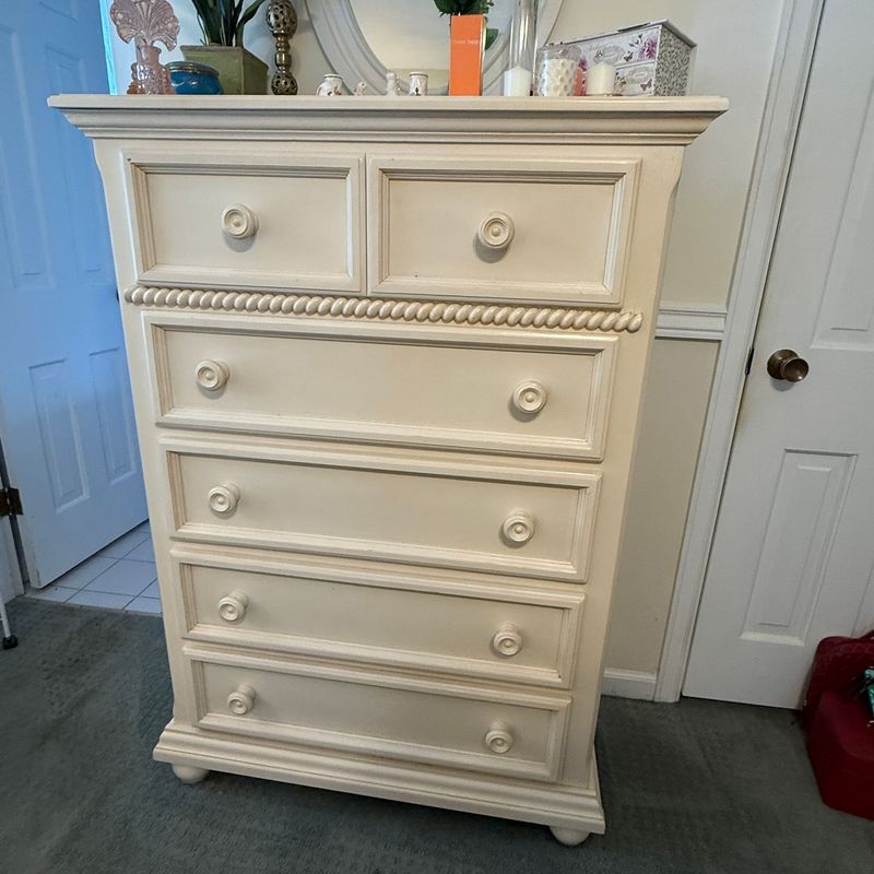 Tall soft white chest, 5-drawer, minor scratches  52"H x  36"W x 18"D