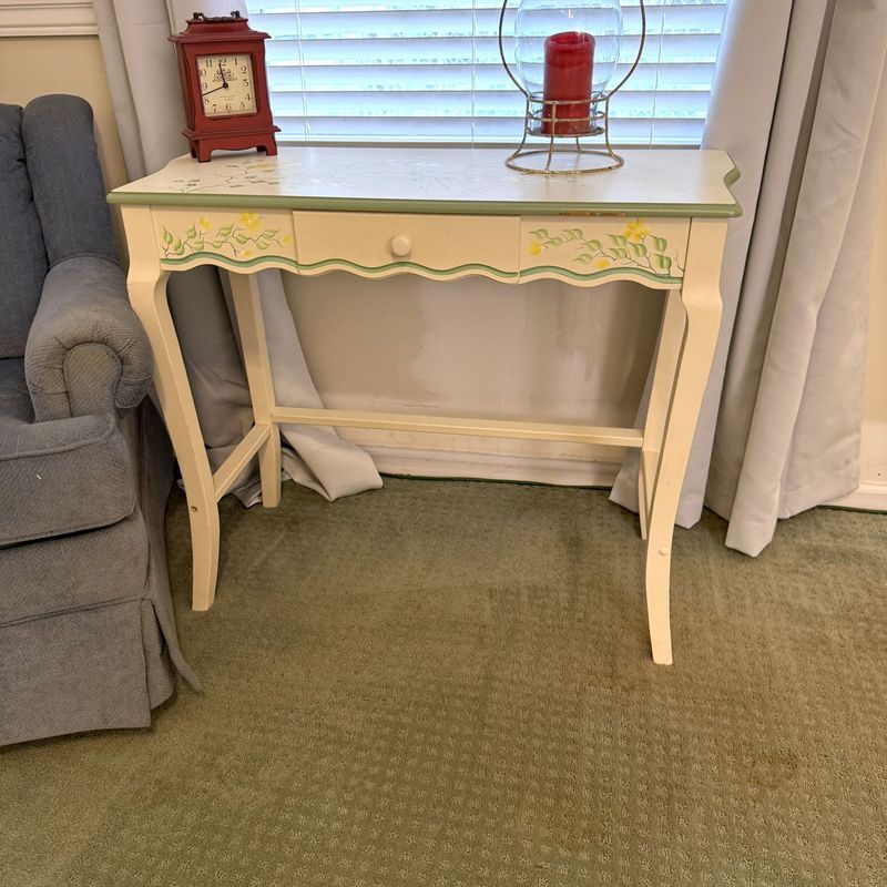 Vanity with drawer, green and yellow vine painted finish, some wear 29"H x 33"W x 15"D