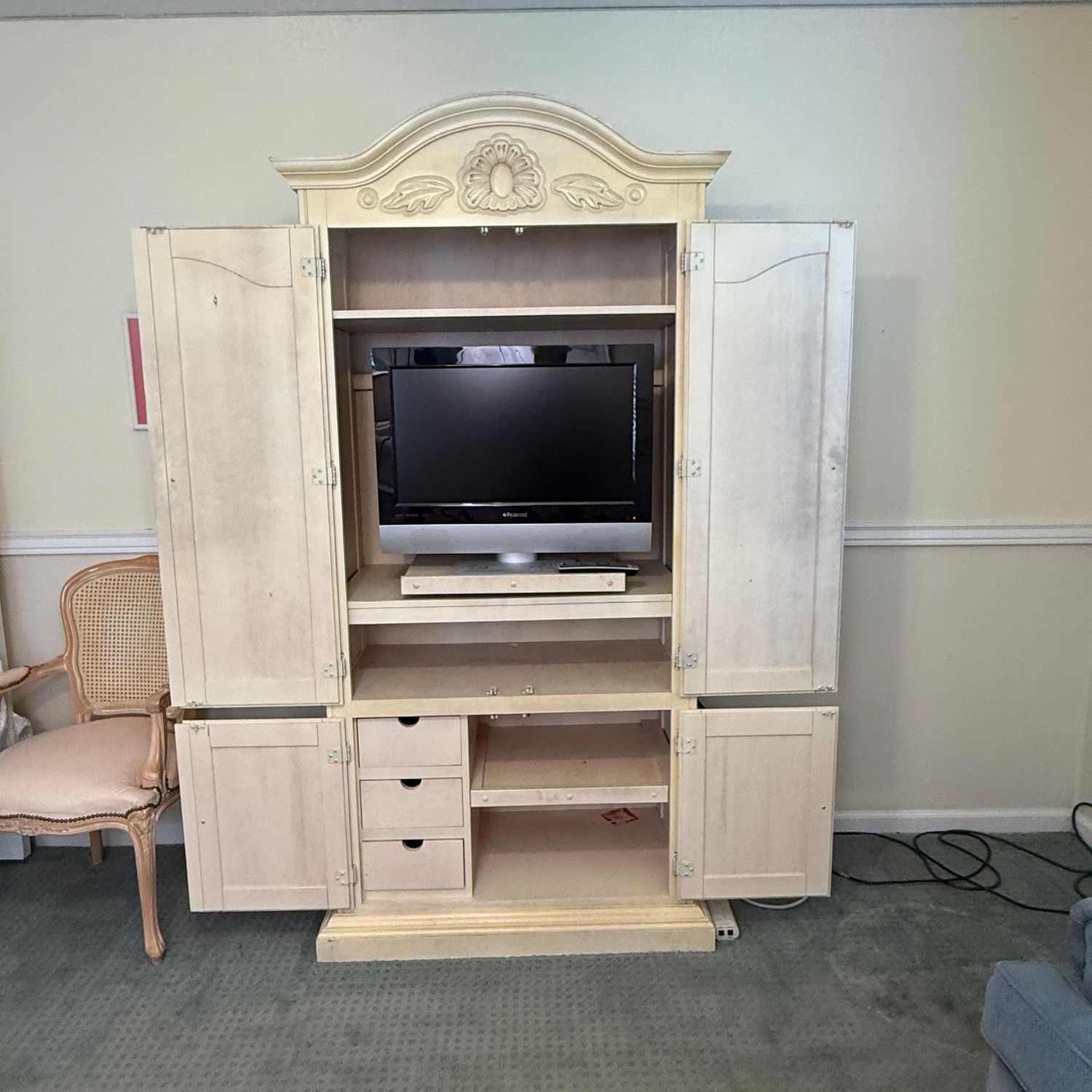 Off-white wardrobe with rustic finish, one piece with lots of storage, a few rubs/wear 6'8"H x 40"W x 22"D