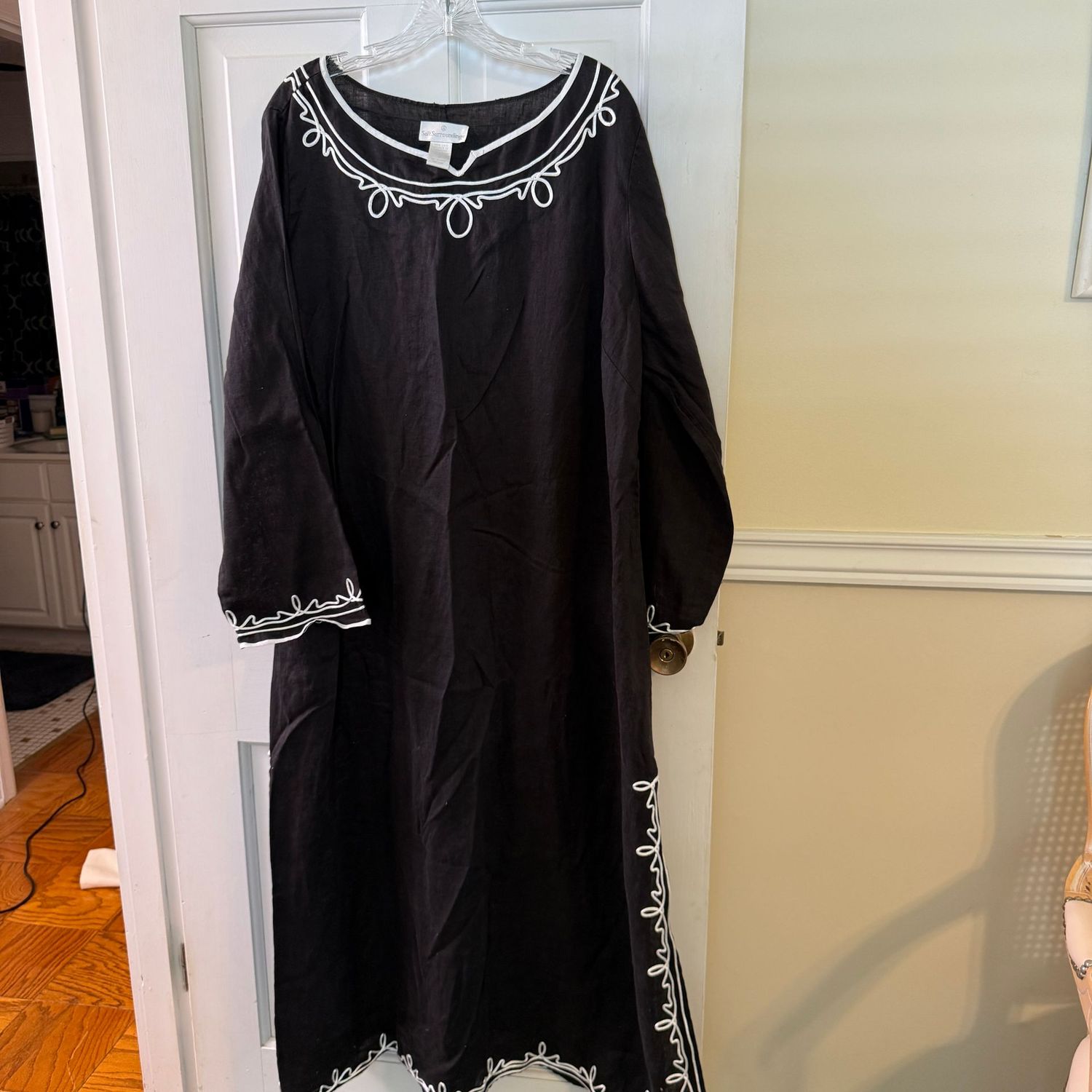 Soft Surroundings linen black coverup/house dress with white borders, slit leg, XL