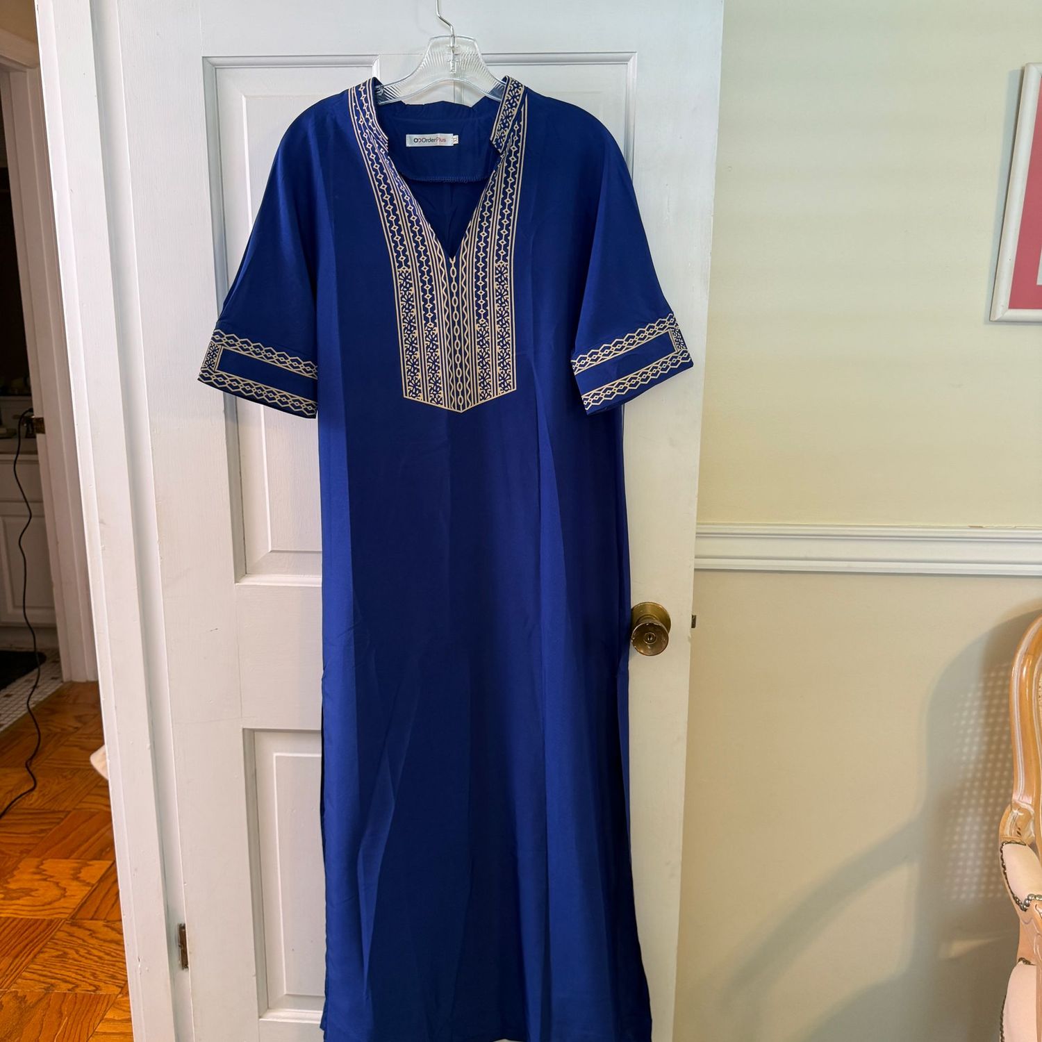 Blue and white Order Plus tunic house dress size, printed design XL