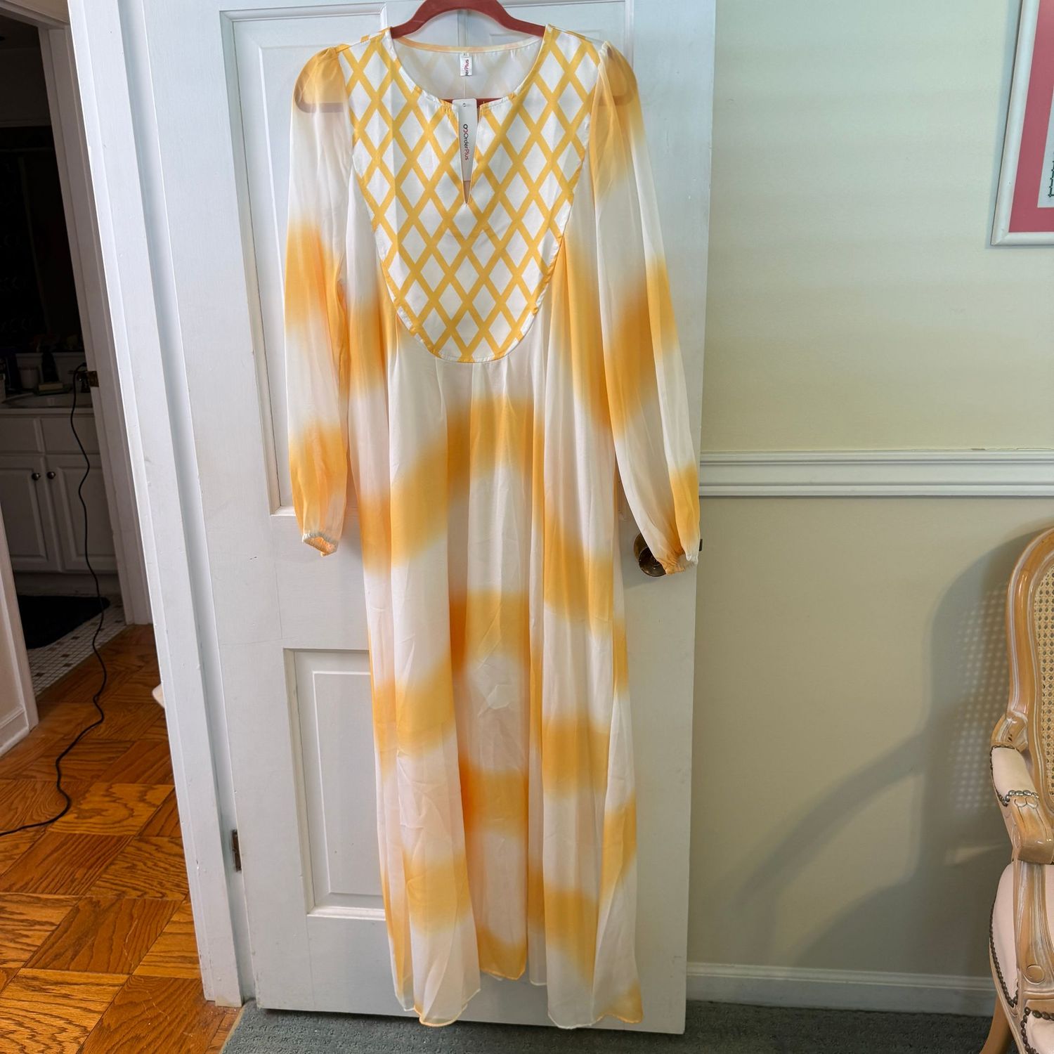 Order Plus yellow and white maxi dress, XL with tags, sheer with lined bodice