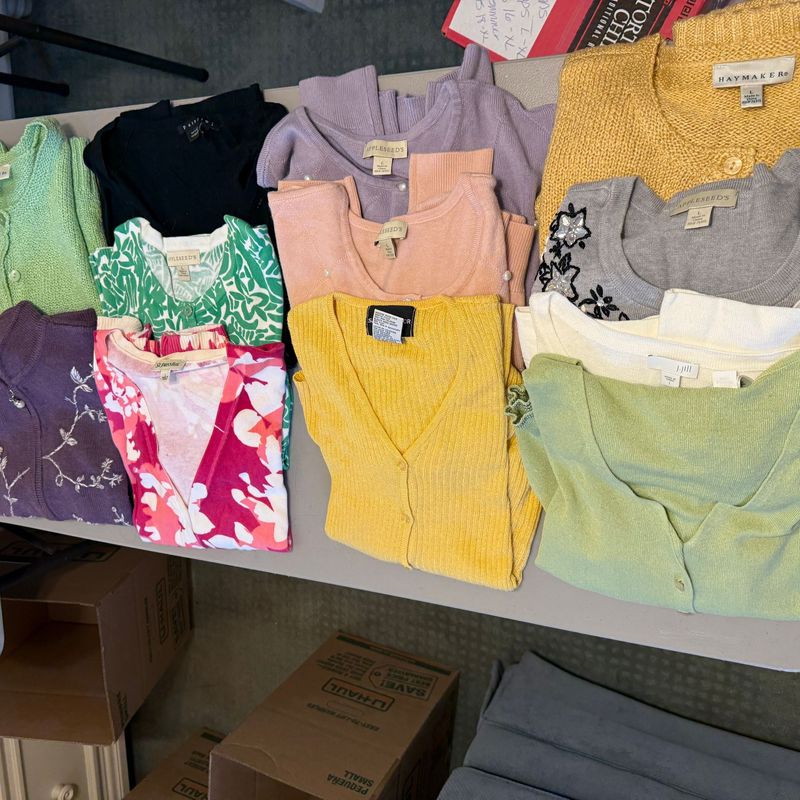 Summer Sweaters box 1 Great variety of summer thin and thick summer color sweaters most are size Large, approx. 12 pieces, Haymakers, Appleseeds Summer Sweaters box 1 Great variety of summer thin and thick summer color sweaters most are size Large, approx. 12 pieces, Haymakers, Appleseeds