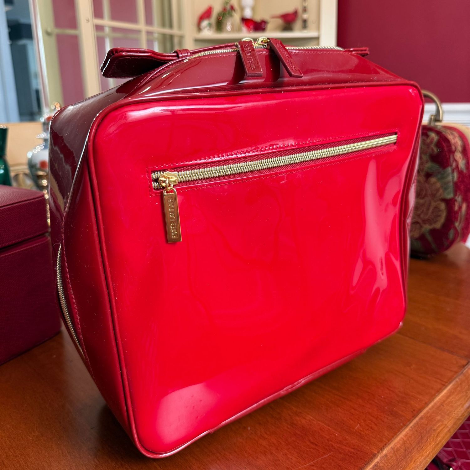 Estee Lauder patent red makeup bag 10" x 11"