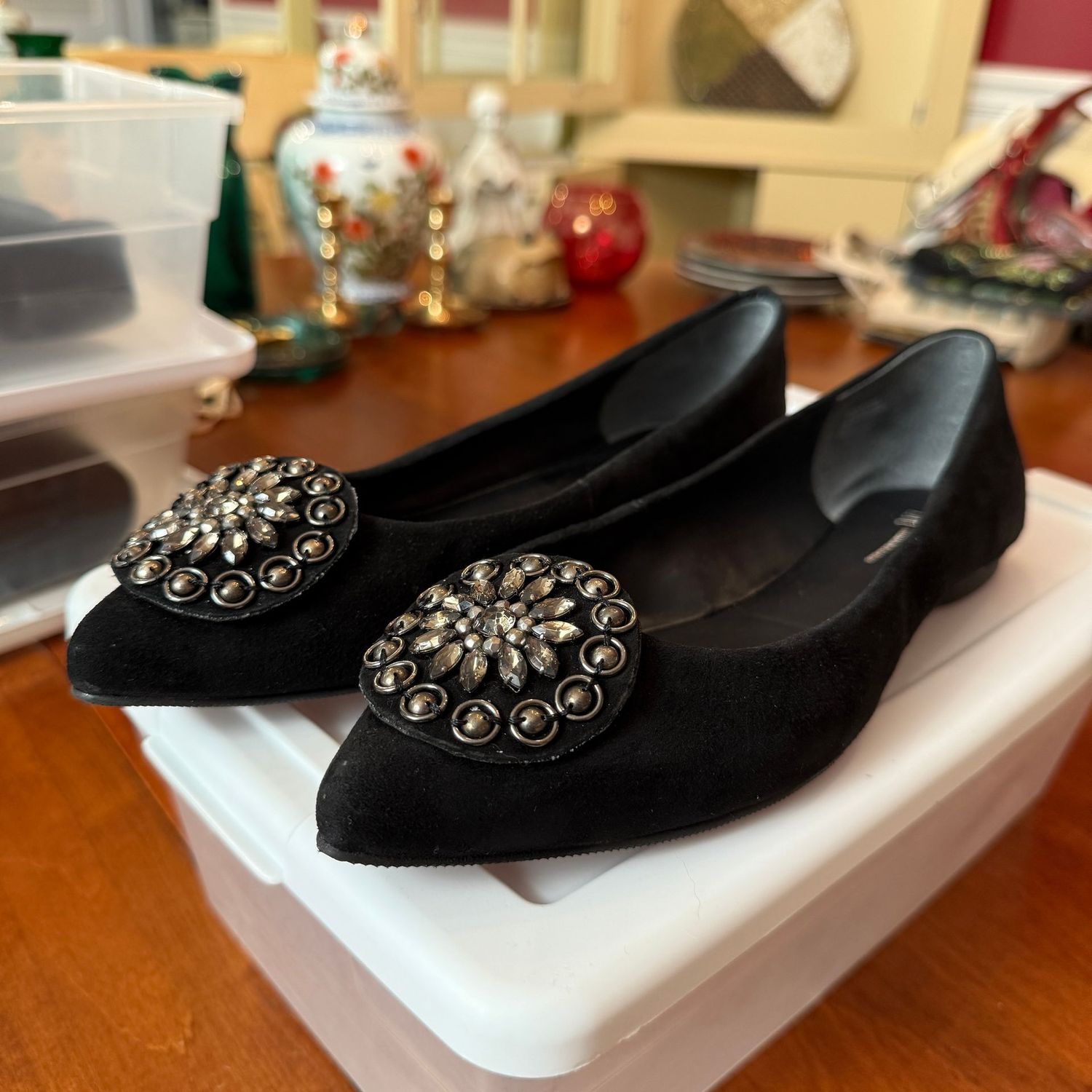 Black suede INC shoes, some wear, women's size 8