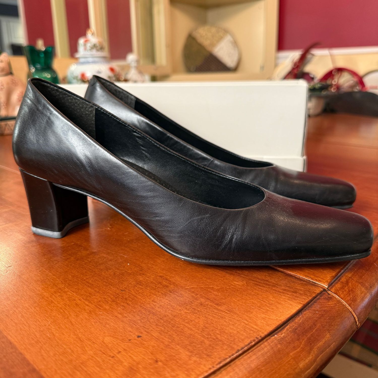 Michelle D. black leather block heels, some wear, women's size 8.5N