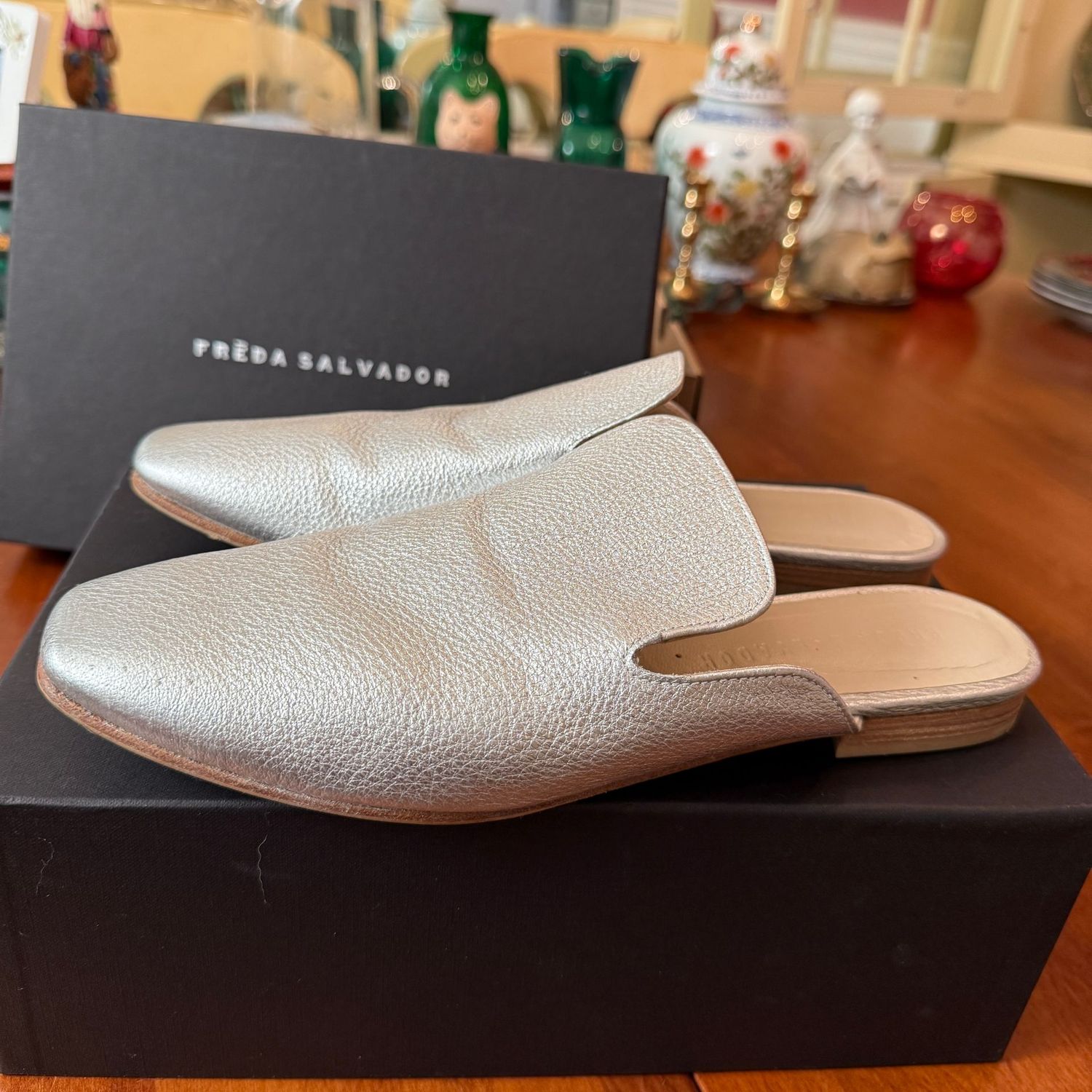 Freda Salvador Murphey slip-on silver shoes, some wear, size 9M (likely more like an 8.5)