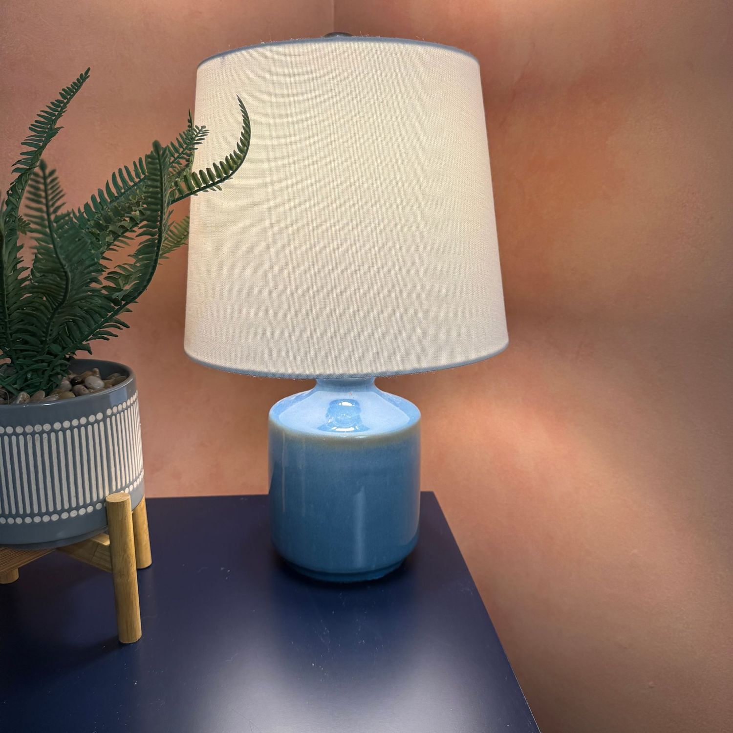 Blue pottery lamp with barrel shade 14"H (2 avail.)