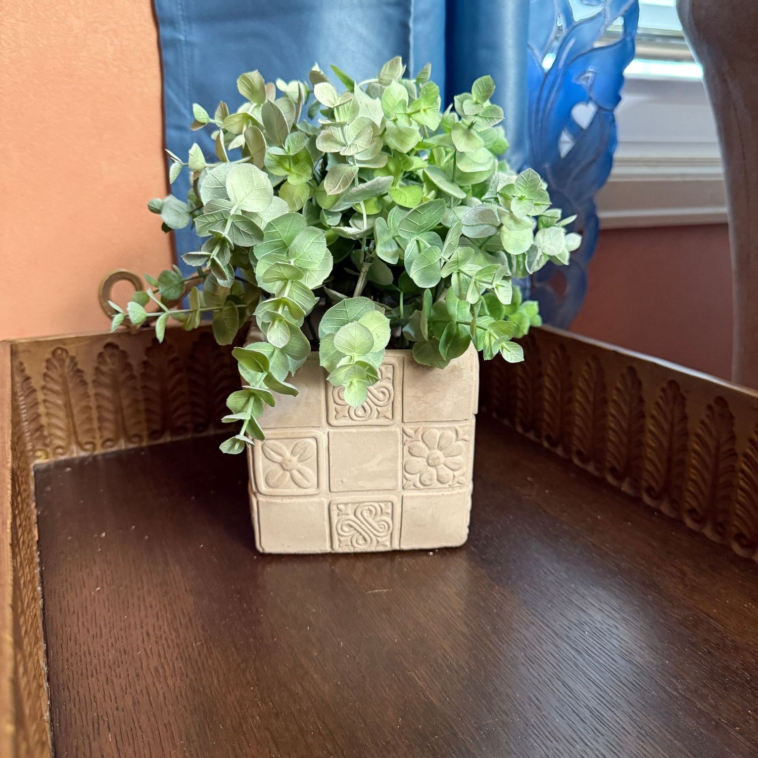 Square tan planter with faux eucalyptus 9"H