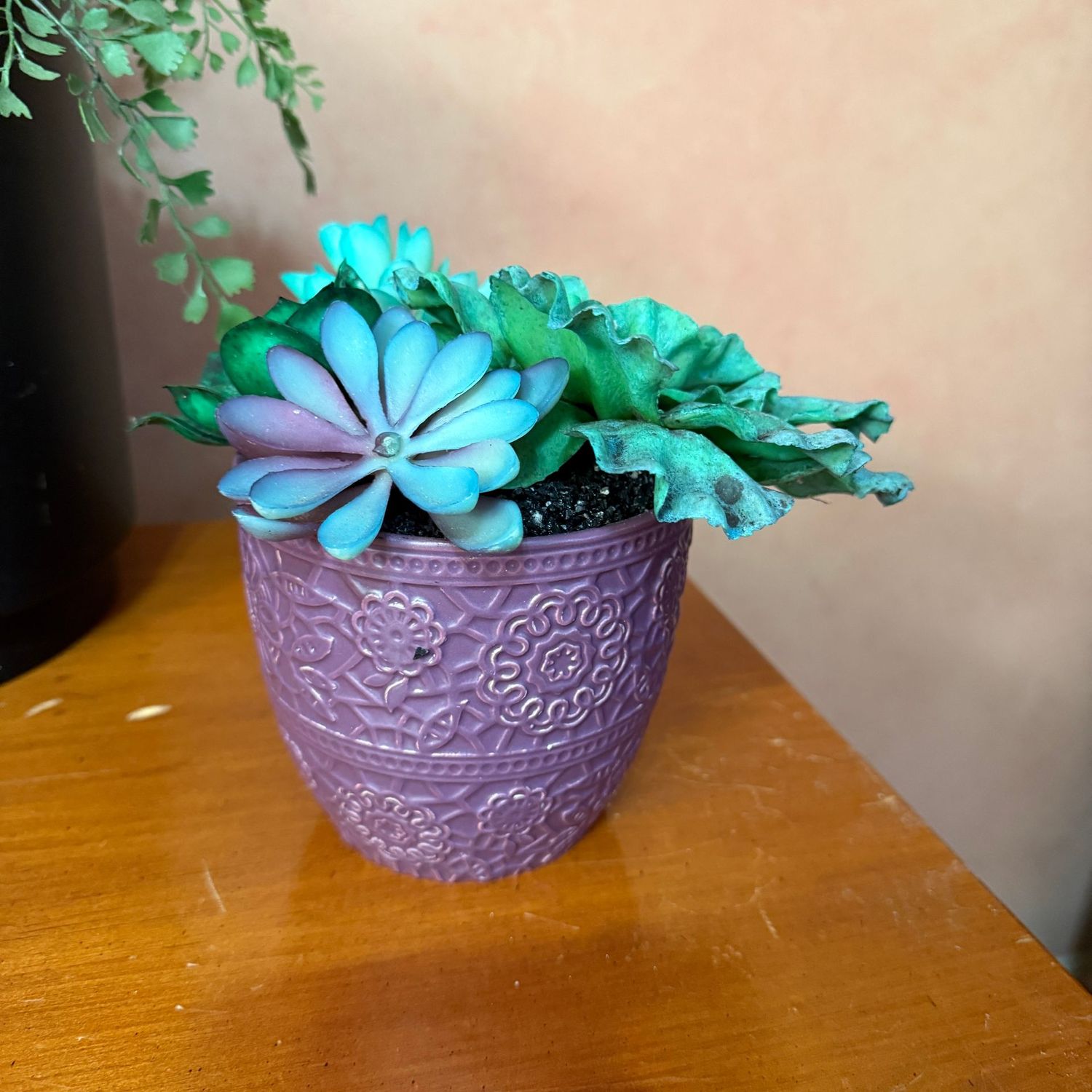 Purple planter with colorful faux succulents 6"H