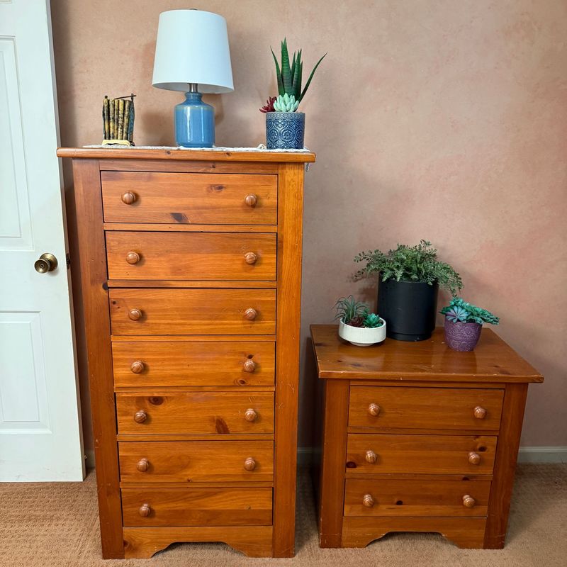 Broyhill tall lingerie chest (52"H x 25"W x 16"D) and matching side table (26"H x 26"W x 18"D), both have some scratches
