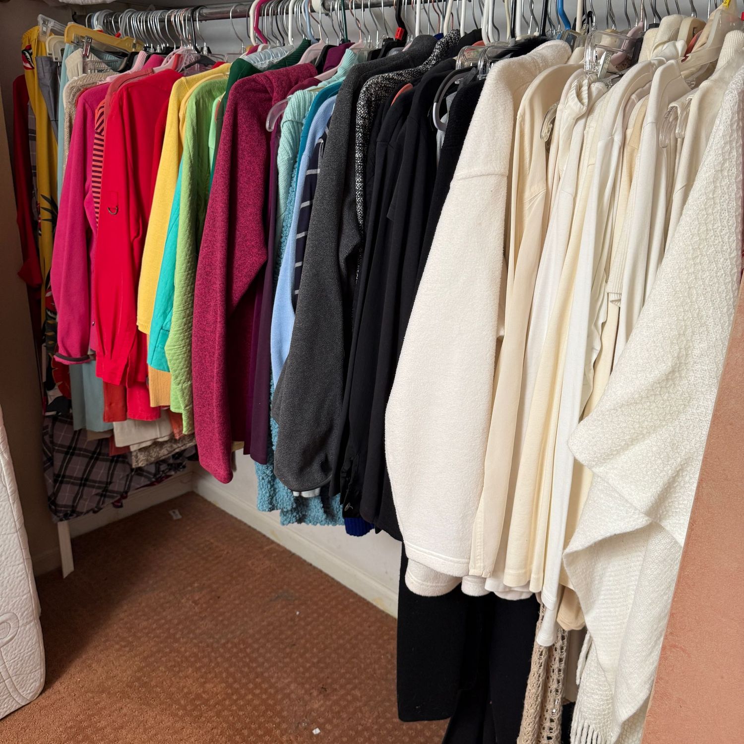 Closet of ladies' clothing, mostly size L/XL, knit tops, sweaters, shawls, blouses, and skirts/pants size 16/18 (See photos for More)