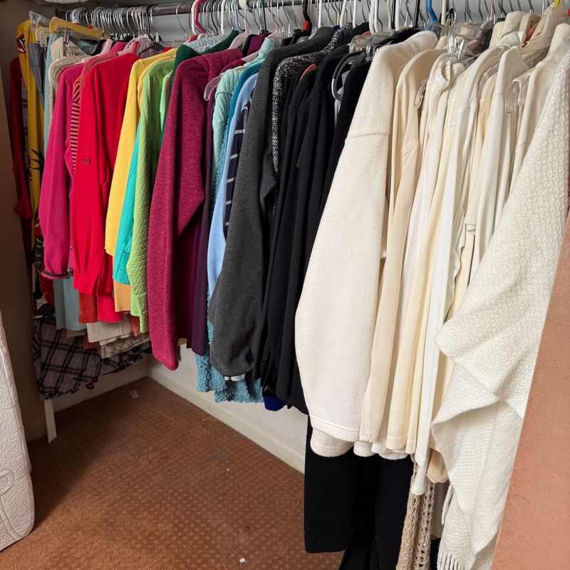 Closet of ladies' clothing, mostly size L/XL, knit tops, sweaters, shawls, blouses, and skirts/pants size 16/18 (See photos for More) Closet of ladies' clothing, mostly size L/XL, knit tops, sweaters, shawls, blouses, and skirts/pants size 16/18 (See photos for More)
