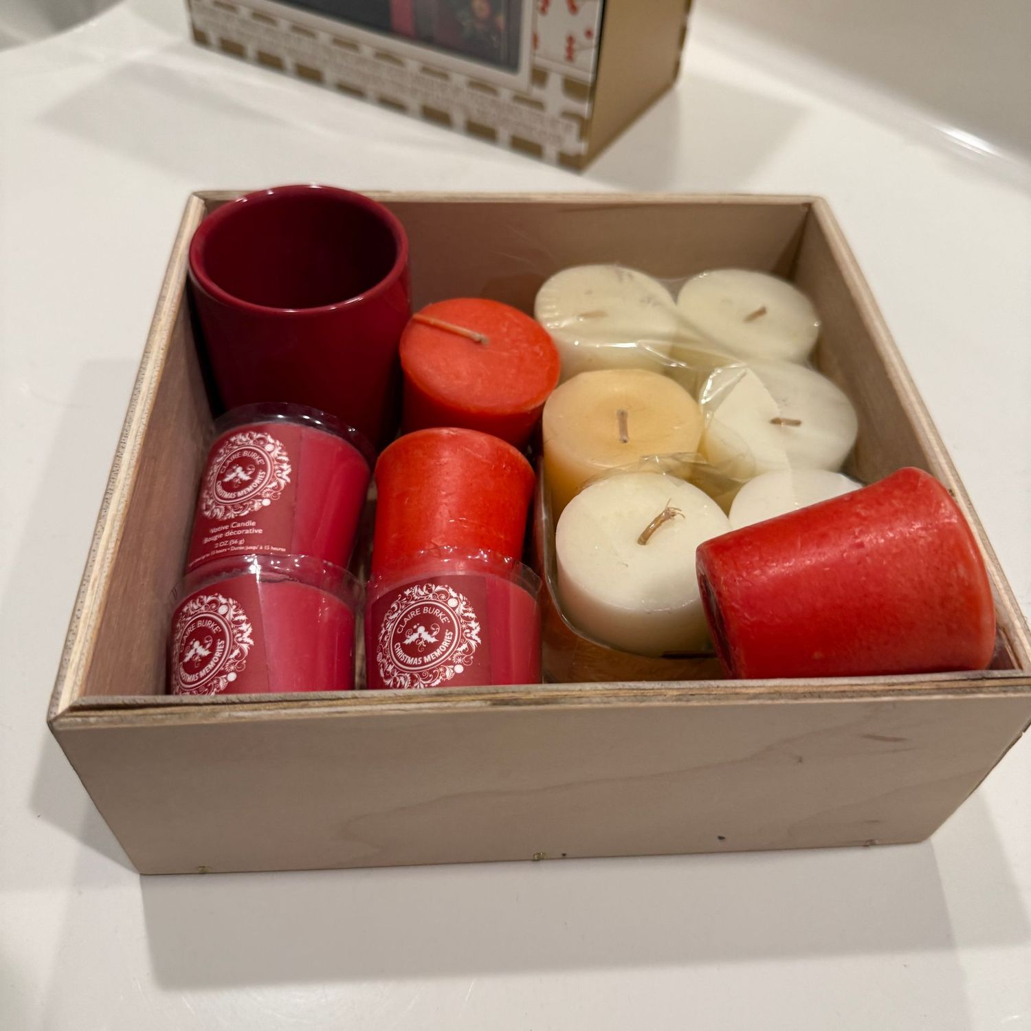 Wooden box of votive candles