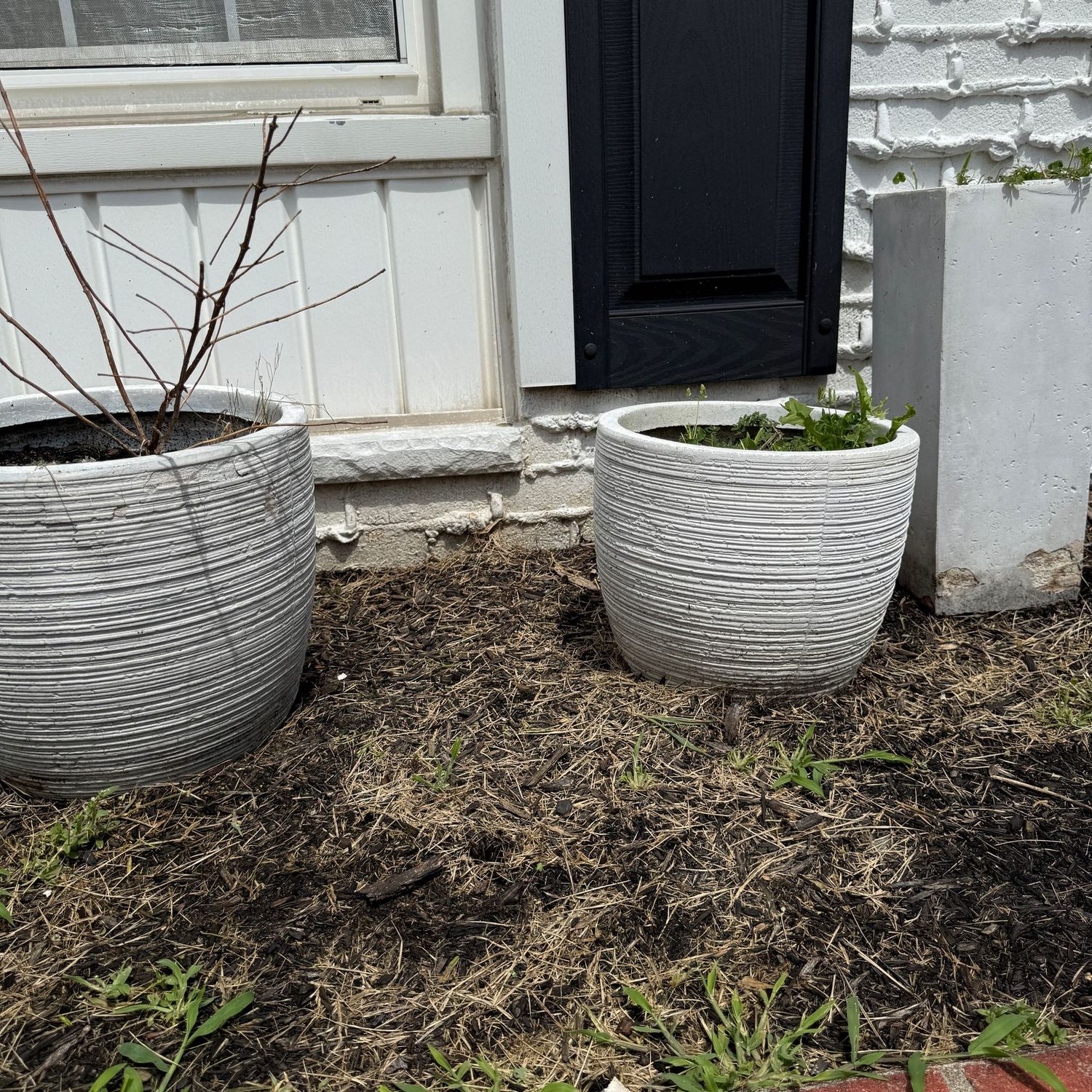 Two white pottery/cement planters, ribbed sides, some wear, the tallest is 10"H
