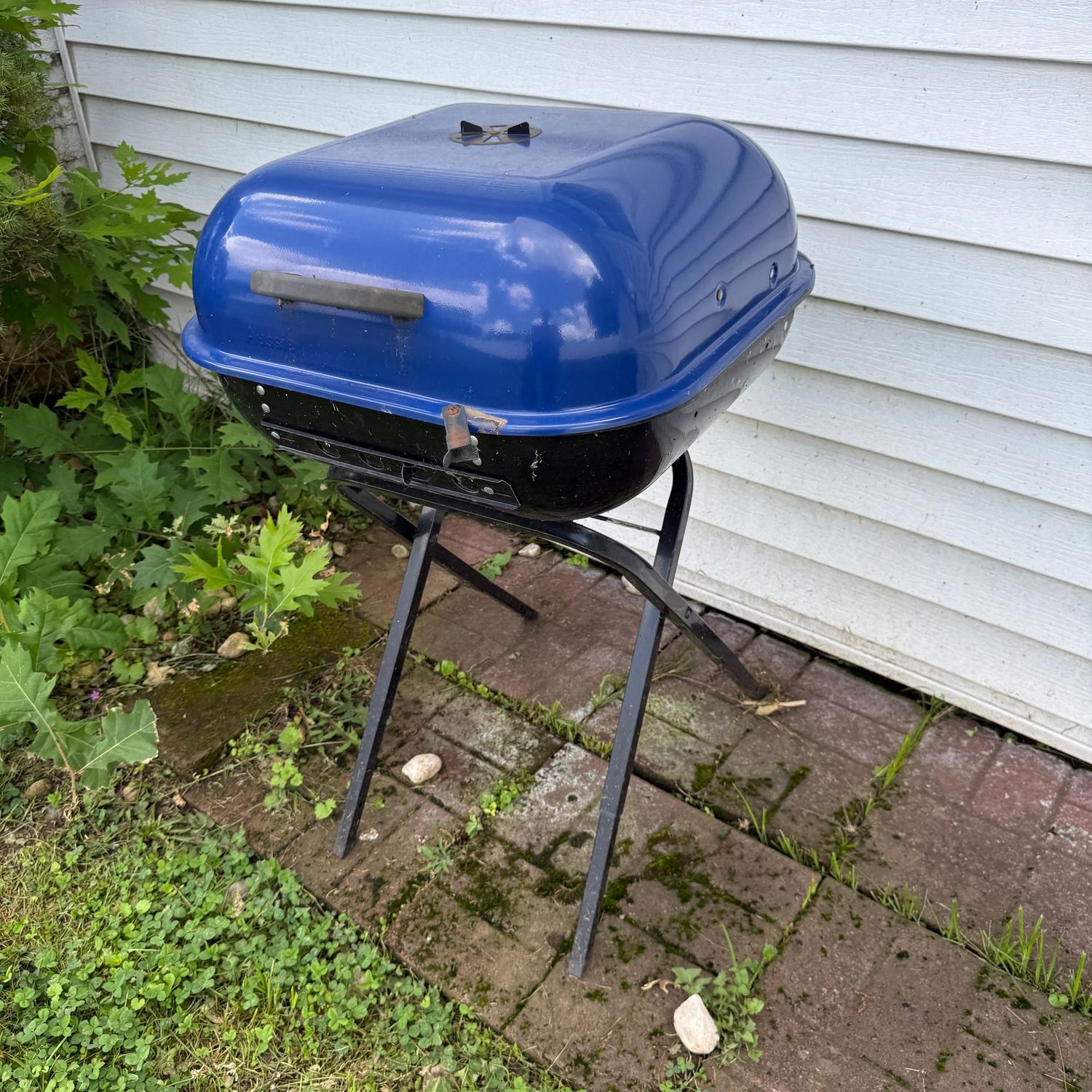 Blue and black charcoal grill, some wear & oxidation, needs cleaned 22"W