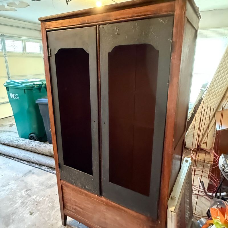 Wooden wardrobe, ready for refurbishing, doors have hardware & are detached 5'8"H x 38"W x 22"D