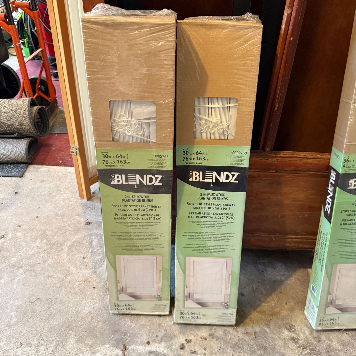 Basic Blinds 2" faux wood plantation blinds, two boxes, 30"W x 64"L