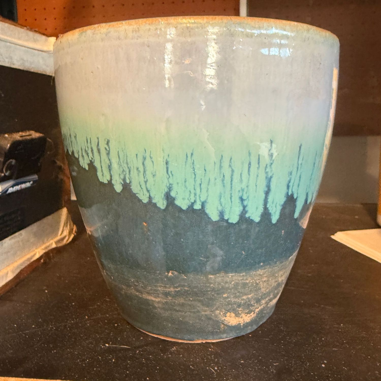 Green/blue drip glaze planter, used, 10 inches tall