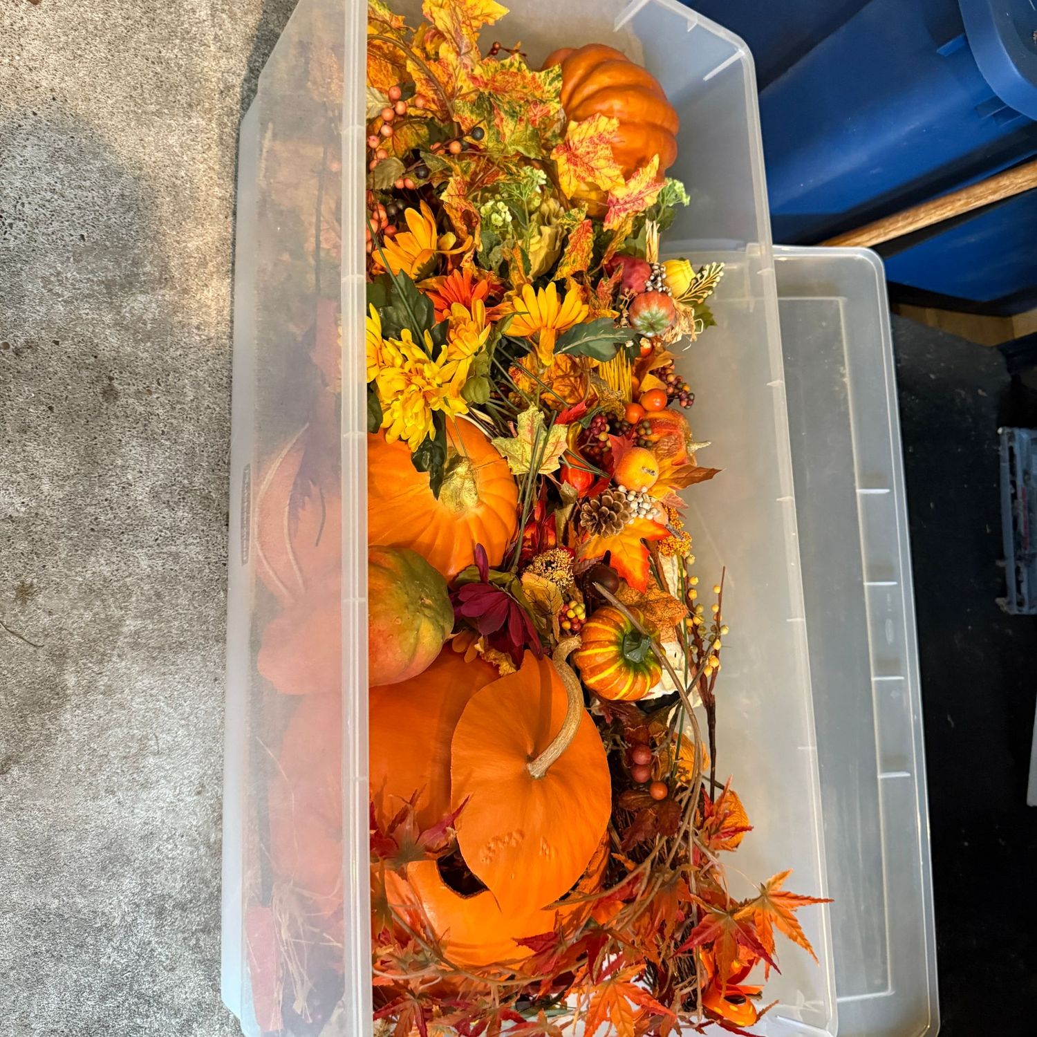 Long  (34")clear tote of Fall decor with pumpkins, garland & more