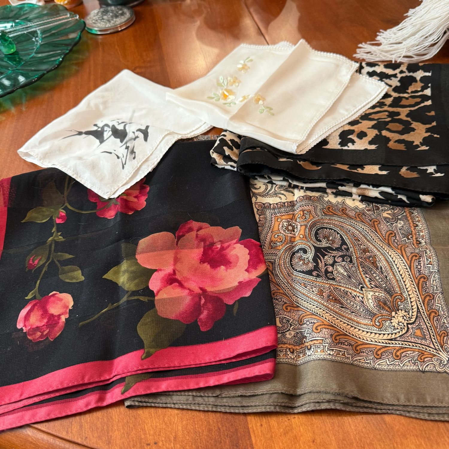 Group of square scarves, roses, animal print, paisley, approx 30"