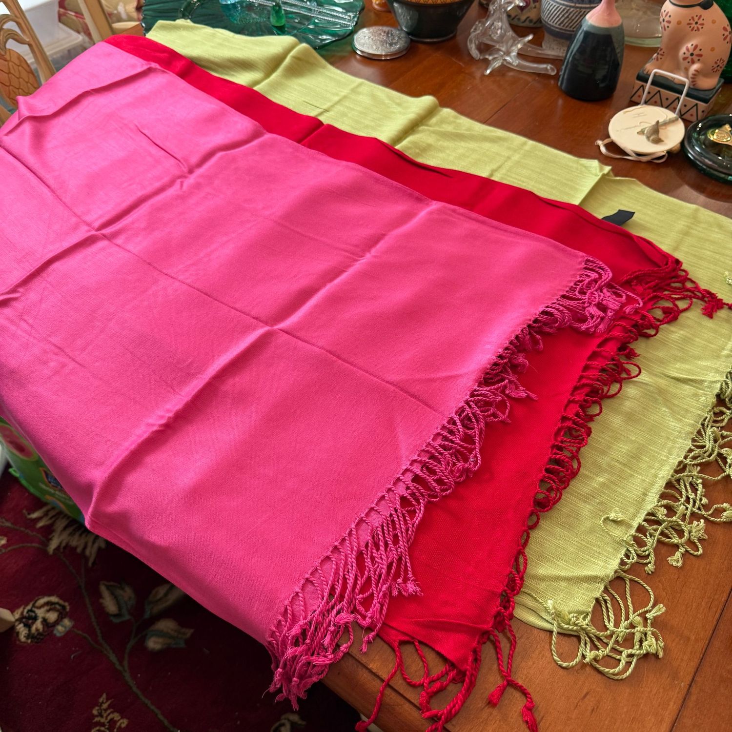 Trio of fringed scarves, 60" L, approx 20"W