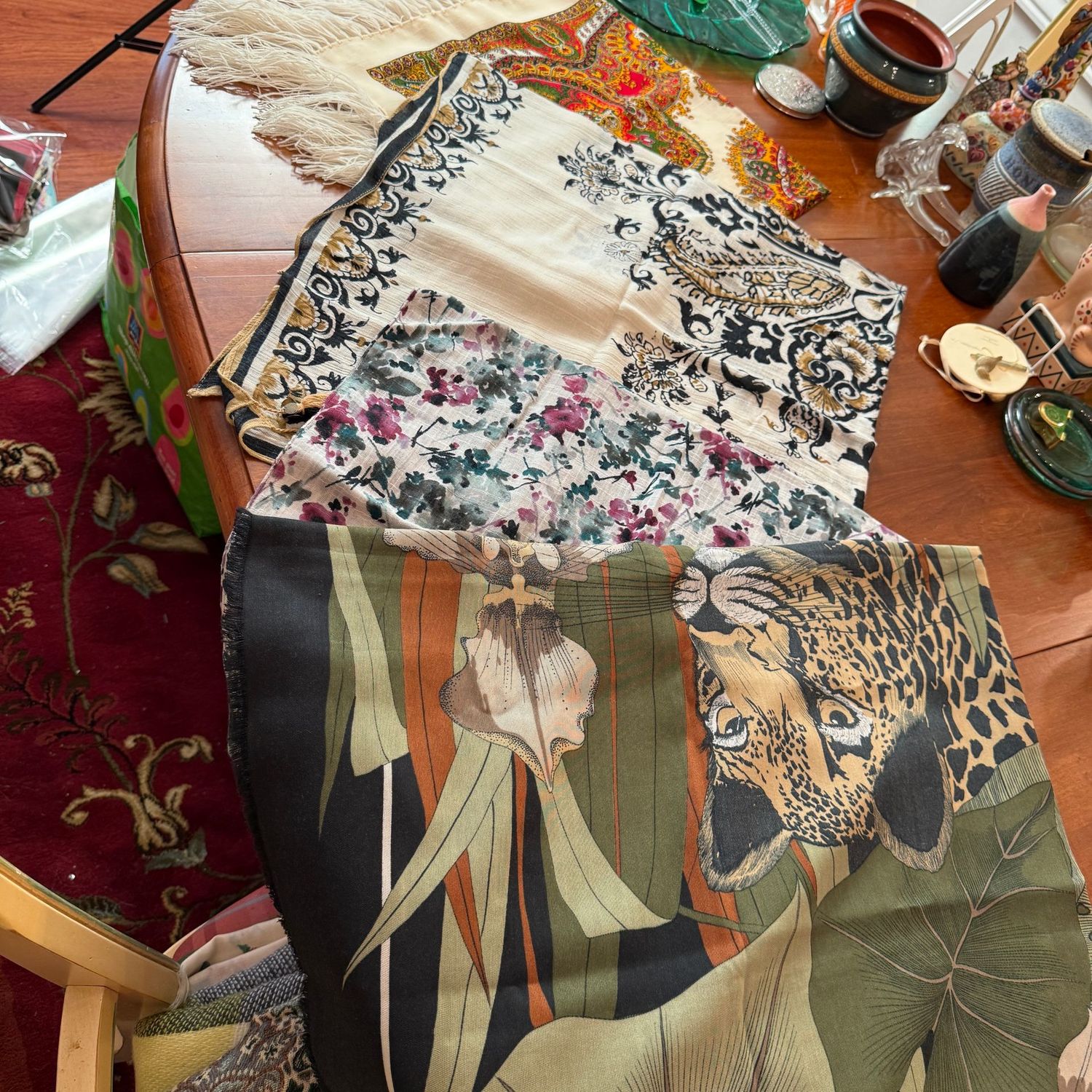 Group of large square scarves, shawl-size, fringe paisley, floral, and jungle pattern