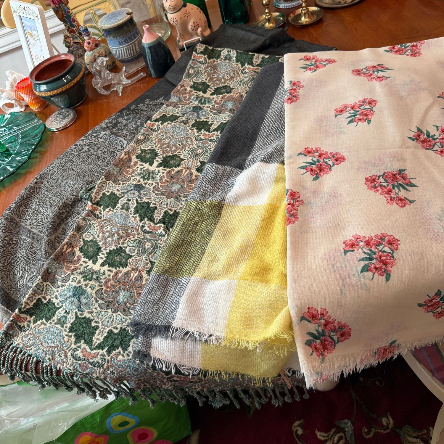 Four large soft, and thick scarves, shawl-size, paisley, black & yellow plaid, floral