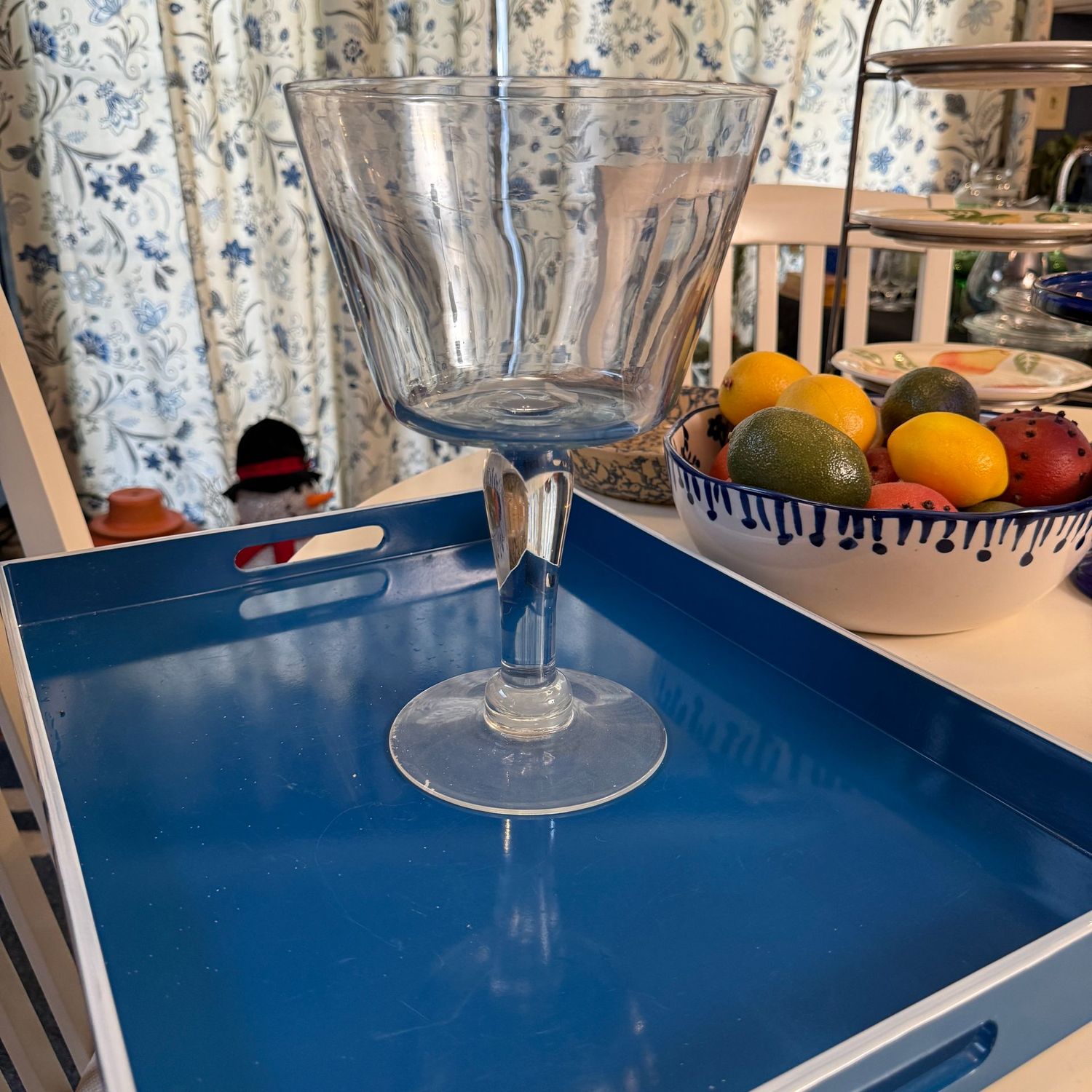 Tall clear and blue compote/centerpiece vase 11"