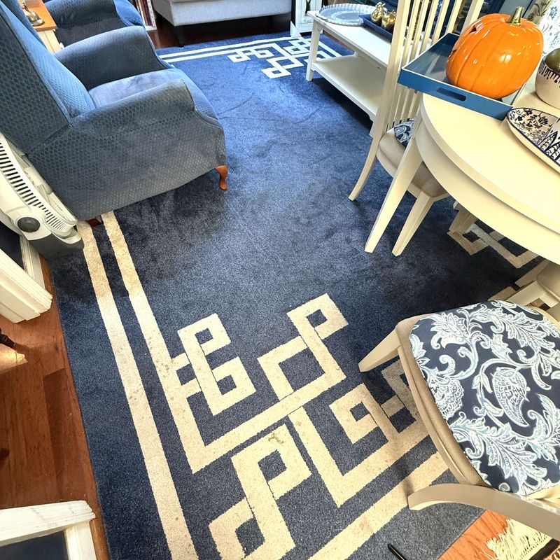 Greek Key room rug blue and white polyester/cotton rug with jute backing 10' x 13', needs full cleaning