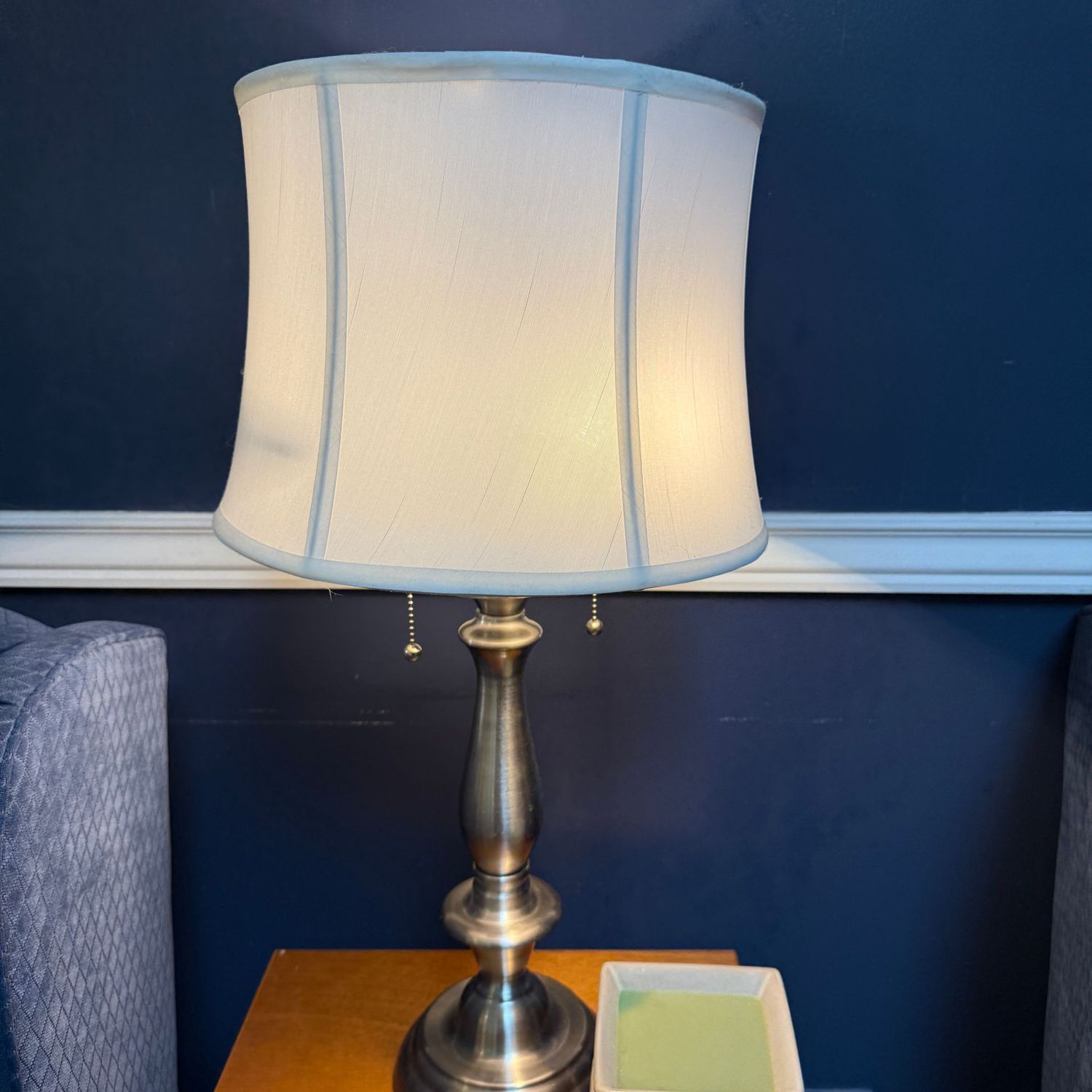 Brushed chrome table lamp with white shade 26"H x 14"W
